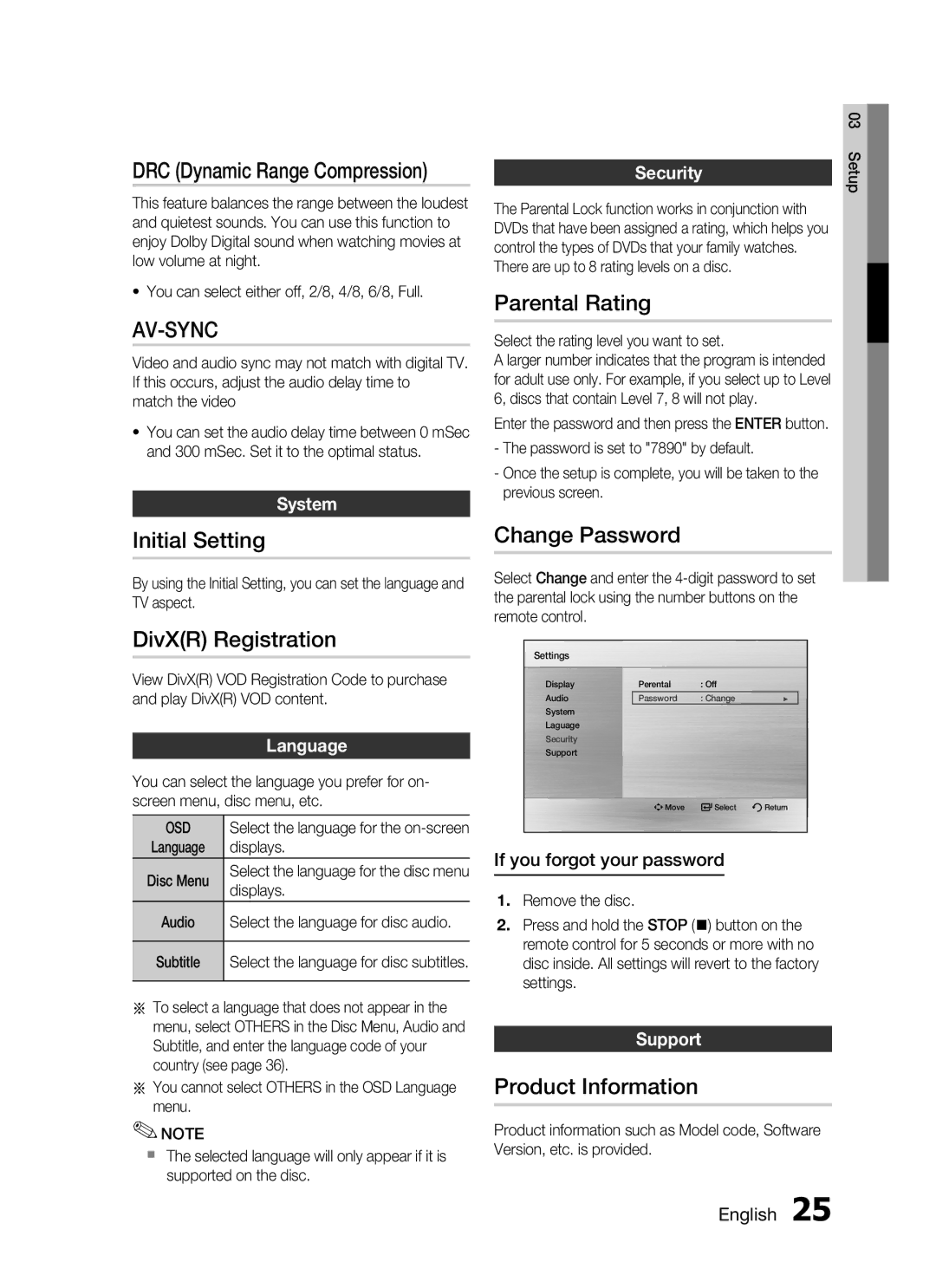 Samsung HT-C345/MEA manual Initial Setting, DivXR Registration, Parental Rating, Change Password, Product Information 