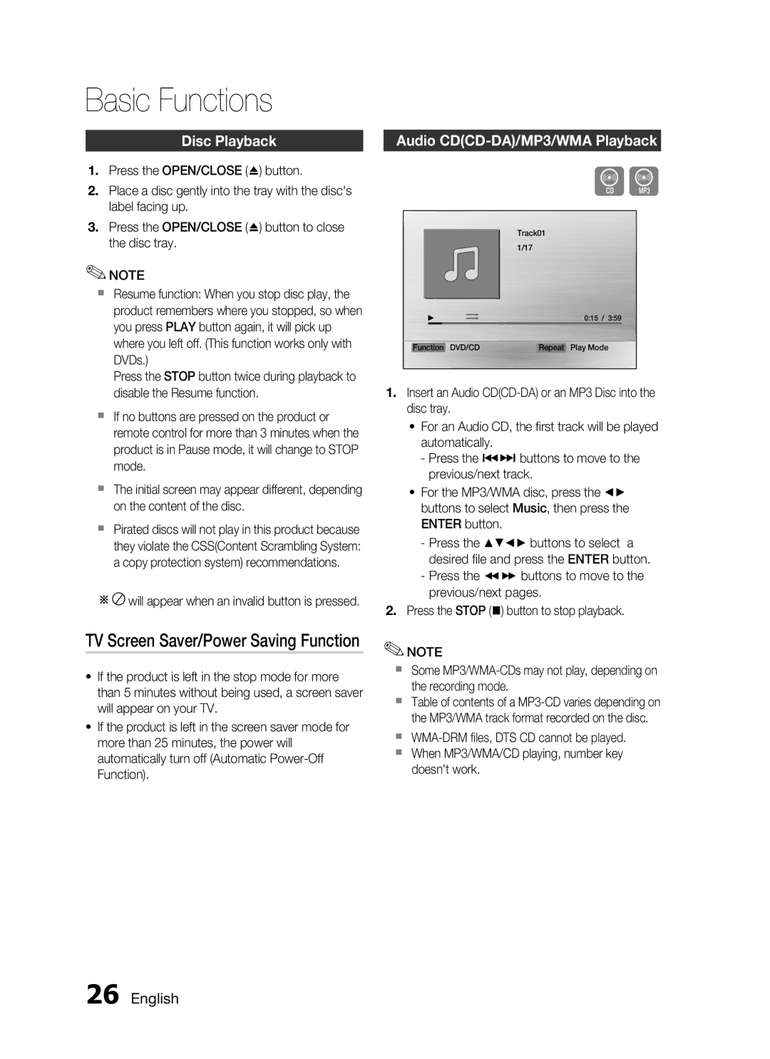 Samsung HT-C345/HAC Basic Functions, TV Screen Saver/Power Saving Function, Disc Playback, Audio CDCD-DA/MP3/WMA Playback 