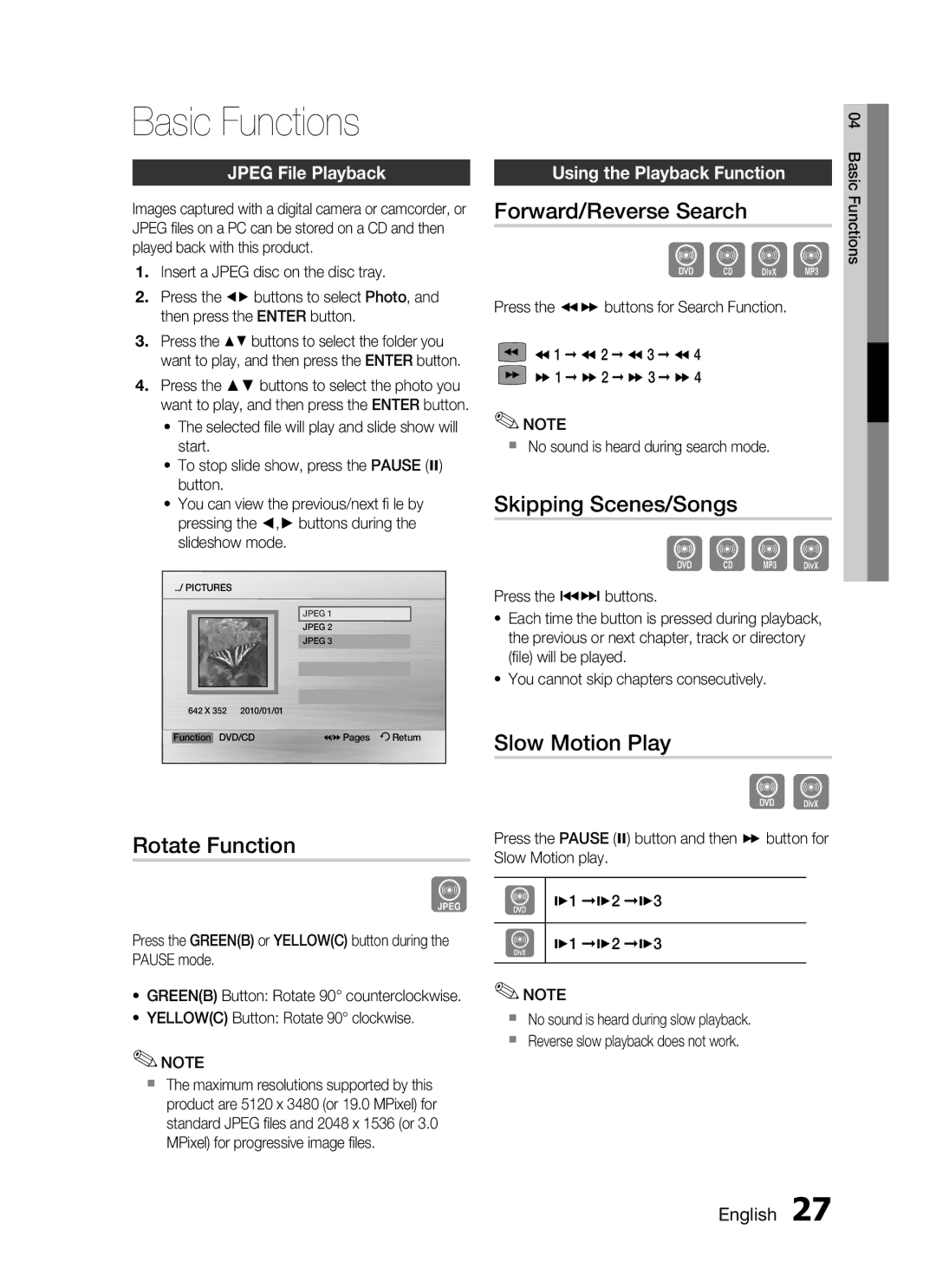 Samsung HT-C345/MEA, HT-C345/HAC manual Rotate Function, Forward/Reverse Search, Skipping Scenes/Songs, Slow Motion Play 