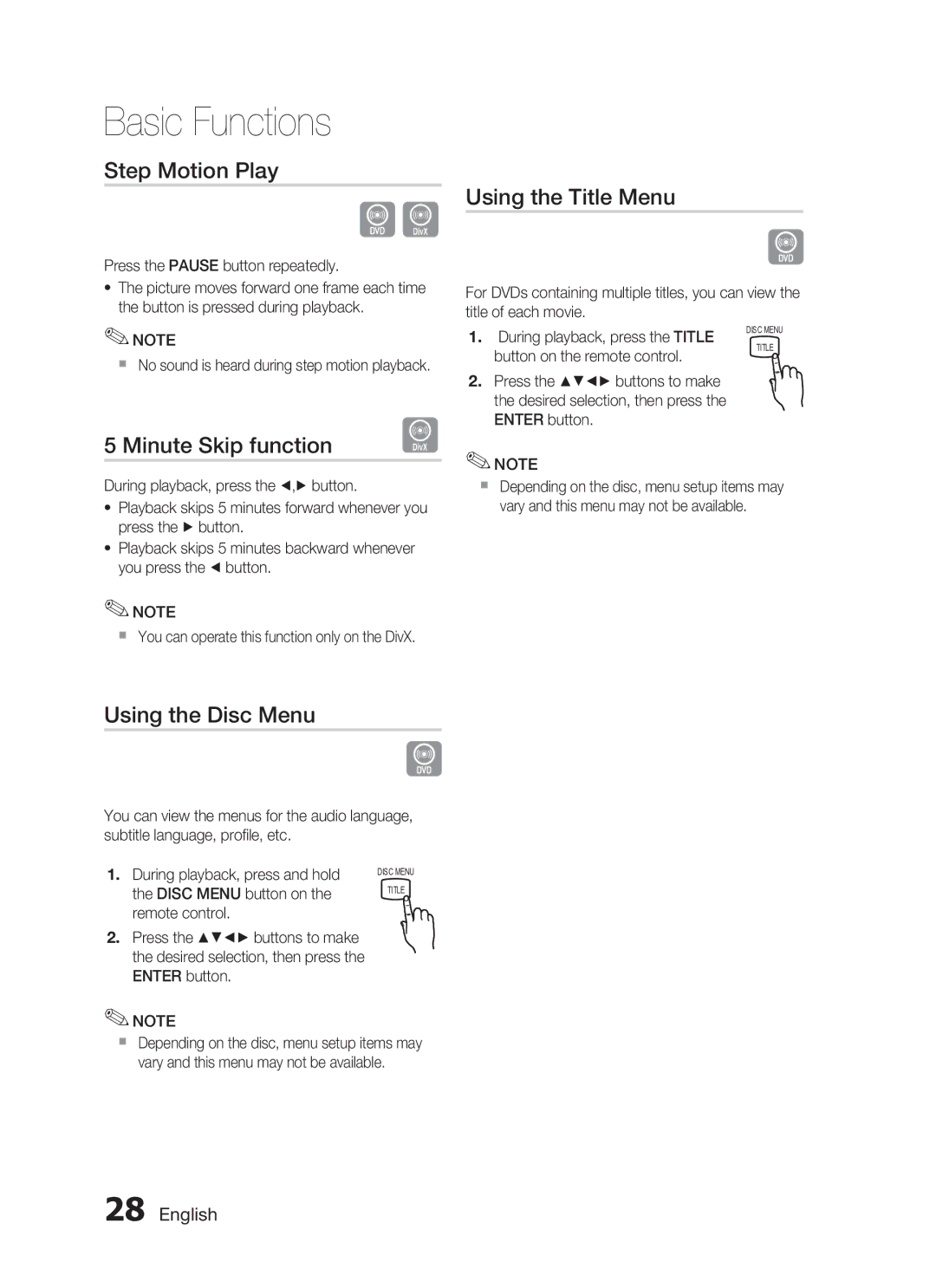 Samsung HT-C345/HAC, HT-C345/MEA manual Step Motion Play, Minute Skip function, Using the Title Menu, Using the Disc Menu 