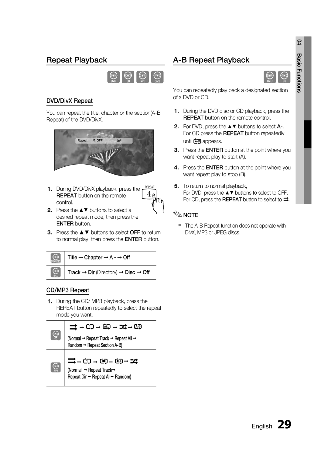 Samsung HT-C345/MEA, HT-C345/HAC manual Repeat Playback, DVD/DivX Repeat, CD/MP3 Repeat, English  