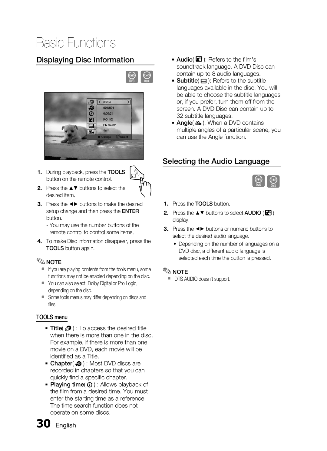 Samsung HT-C345/HAC Displaying Disc Information, Selecting the Audio Language, Tools menu, ` DTS Audio doesnt support 