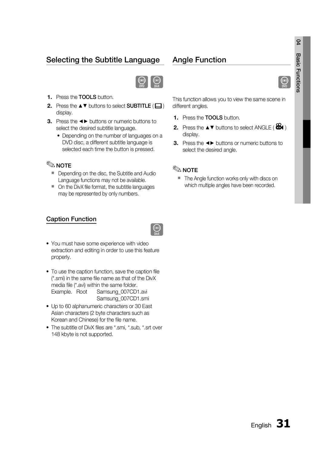 Samsung HT-C345/MEA, HT-C345/HAC manual Selecting the Subtitle Language Angle Function, Caption Function, Samsung007CD1.smi 