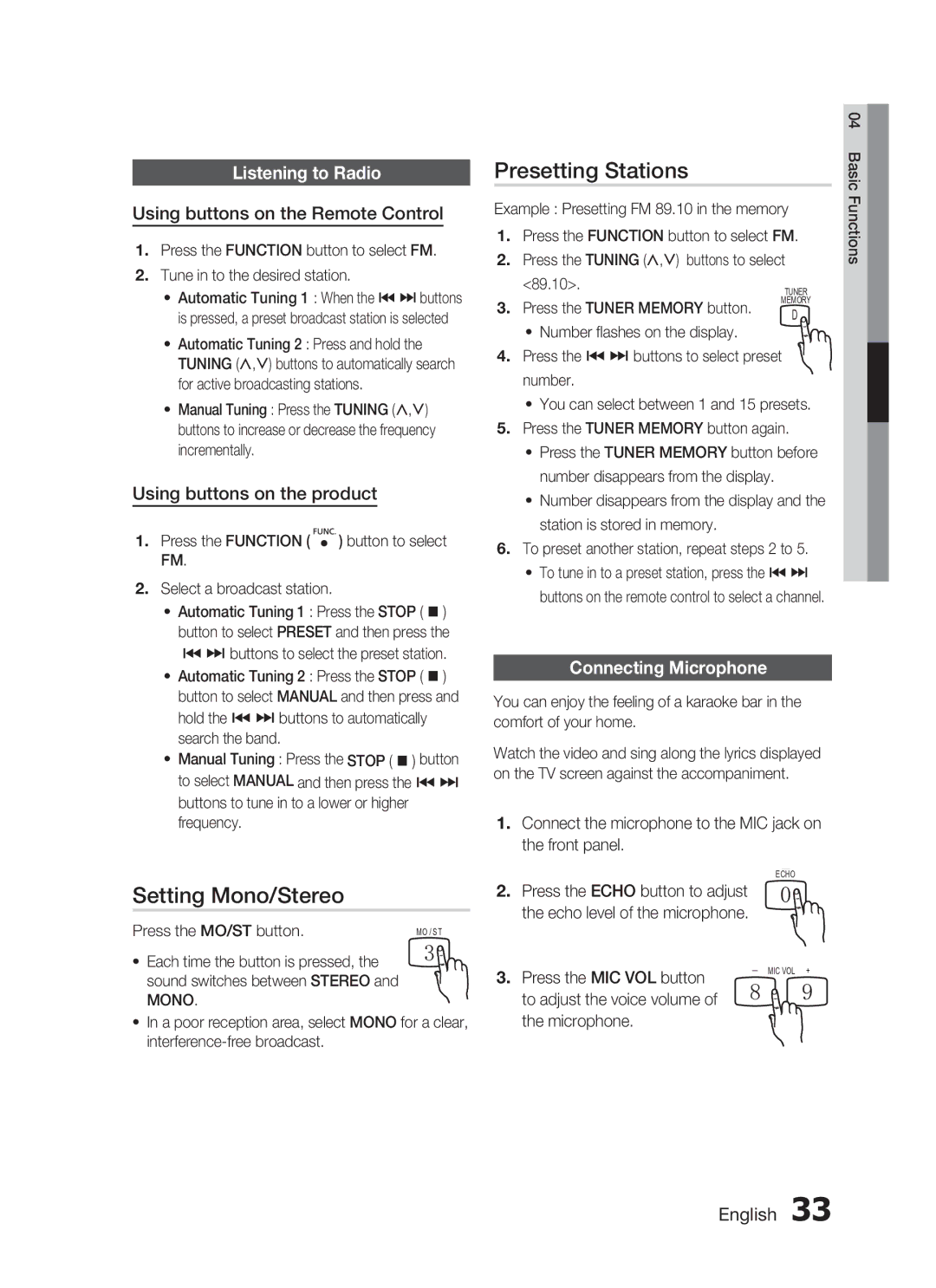 Samsung HT-C345/MEA, HT-C345/HAC manual Setting Mono/Stereo, Presetting Stations, Listening to Radio, Connecting Microphone 