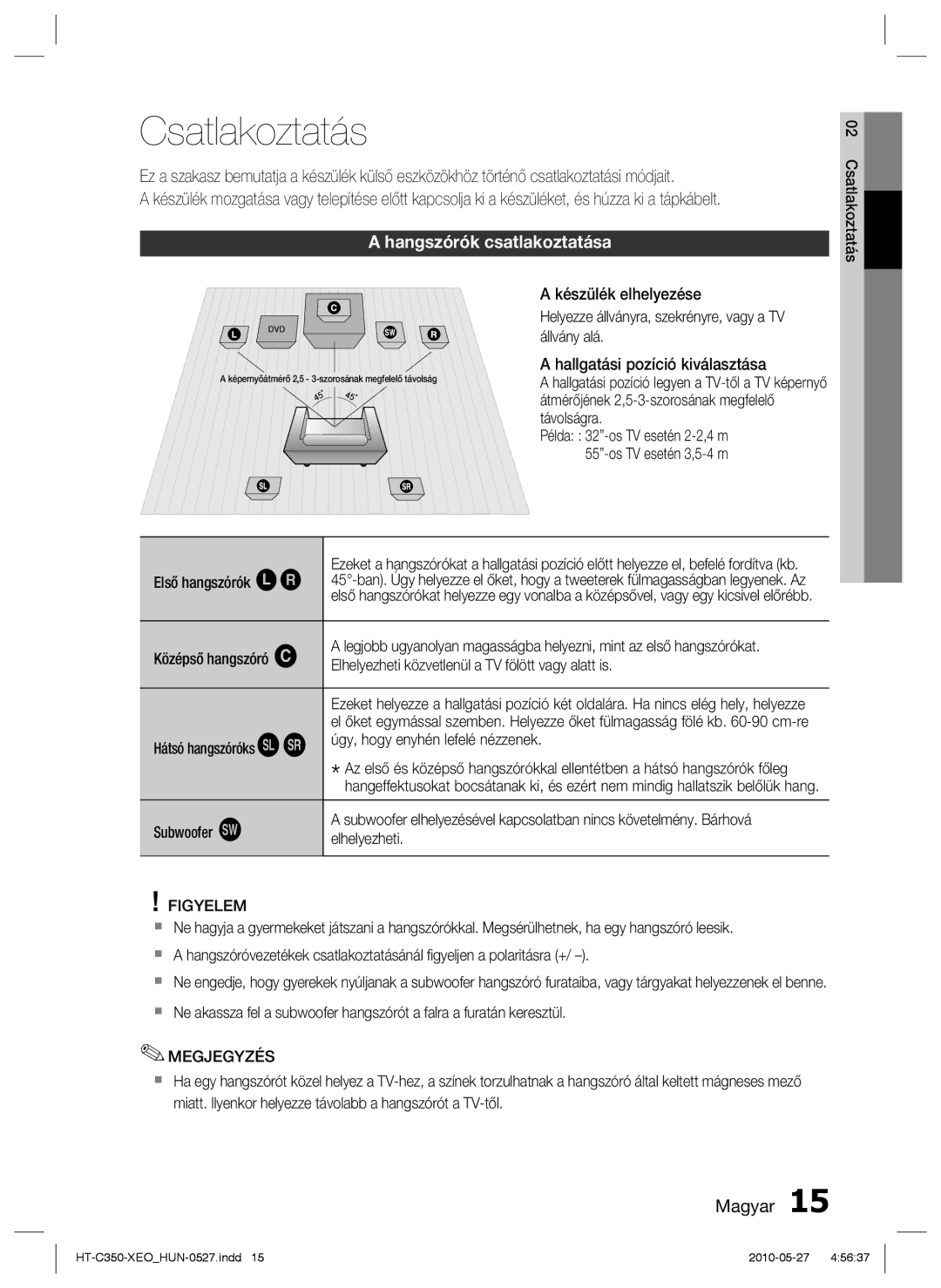 Samsung HT-C350/EDC, HT-C350/XEF, HT-C350/XEE manual Csatlakoztatás, Hangszórók csatlakoztatása, Figyelem 