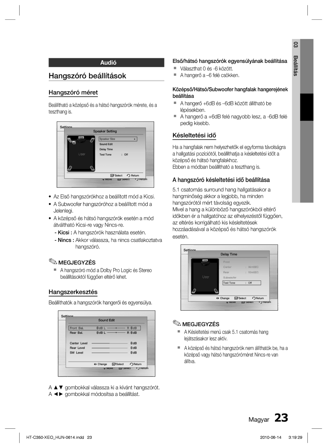 Samsung HT-C350/XEE, HT-C350/EDC, HT-C350/XEF manual Hangszóró beállítások, Audió 