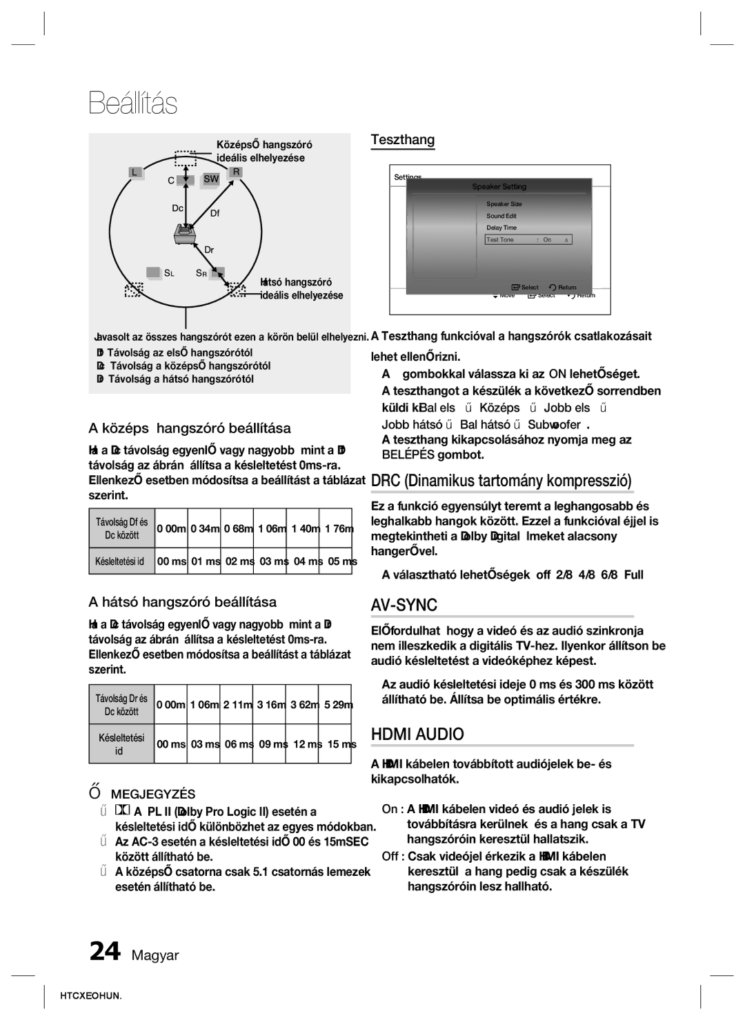 Samsung HT-C350/EDC manual DRC Dinamikus tartomány kompresszió, Középső hangszóró beállítása, Hátsó hangszóró beállítása 