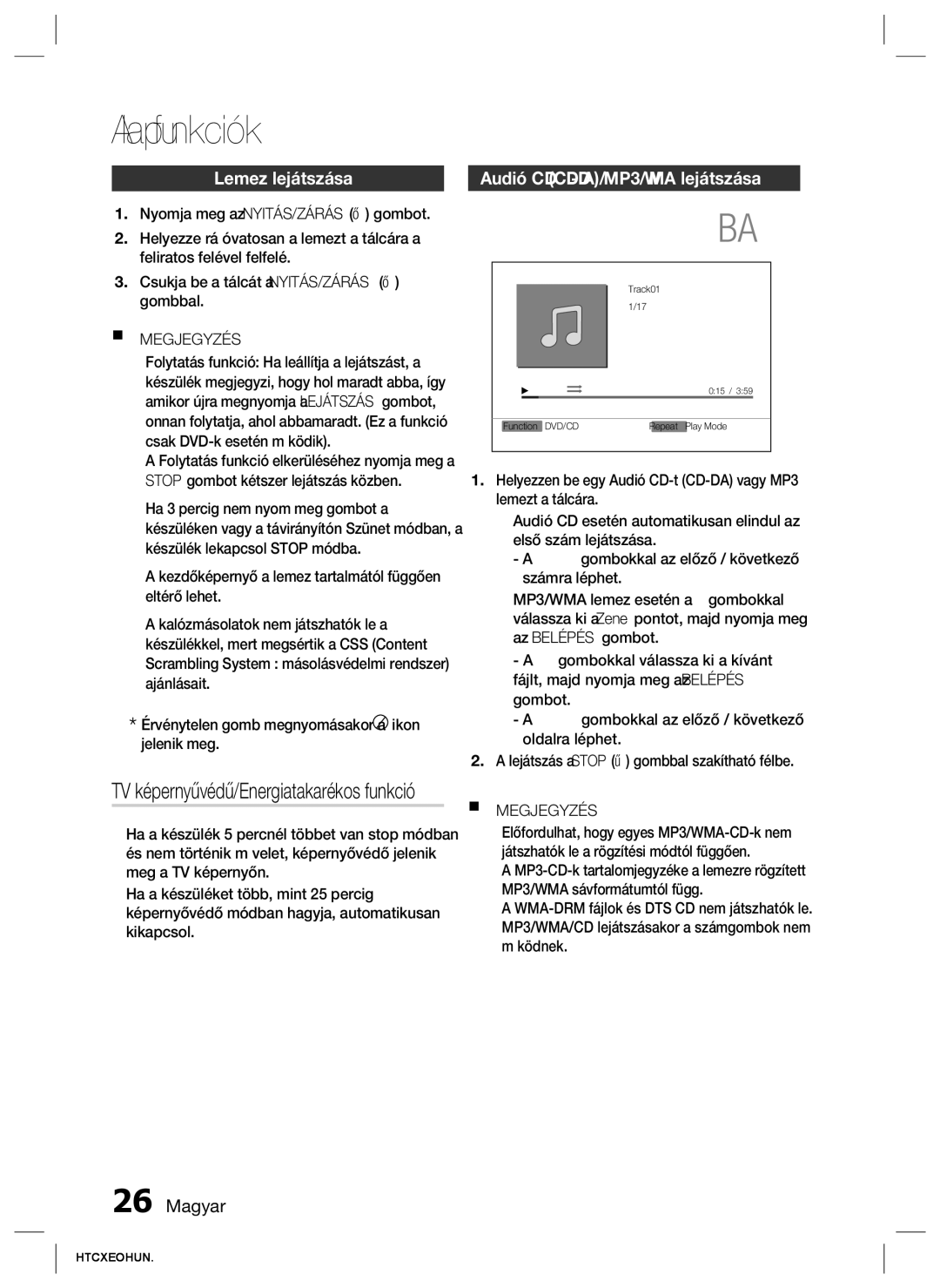 Samsung HT-C350/XEE, HT-C350/EDC, HT-C350/XEF manual Alapfunkciók, Lemez lejátszása, TV képernyővédő/Energiatakarékos funkció 