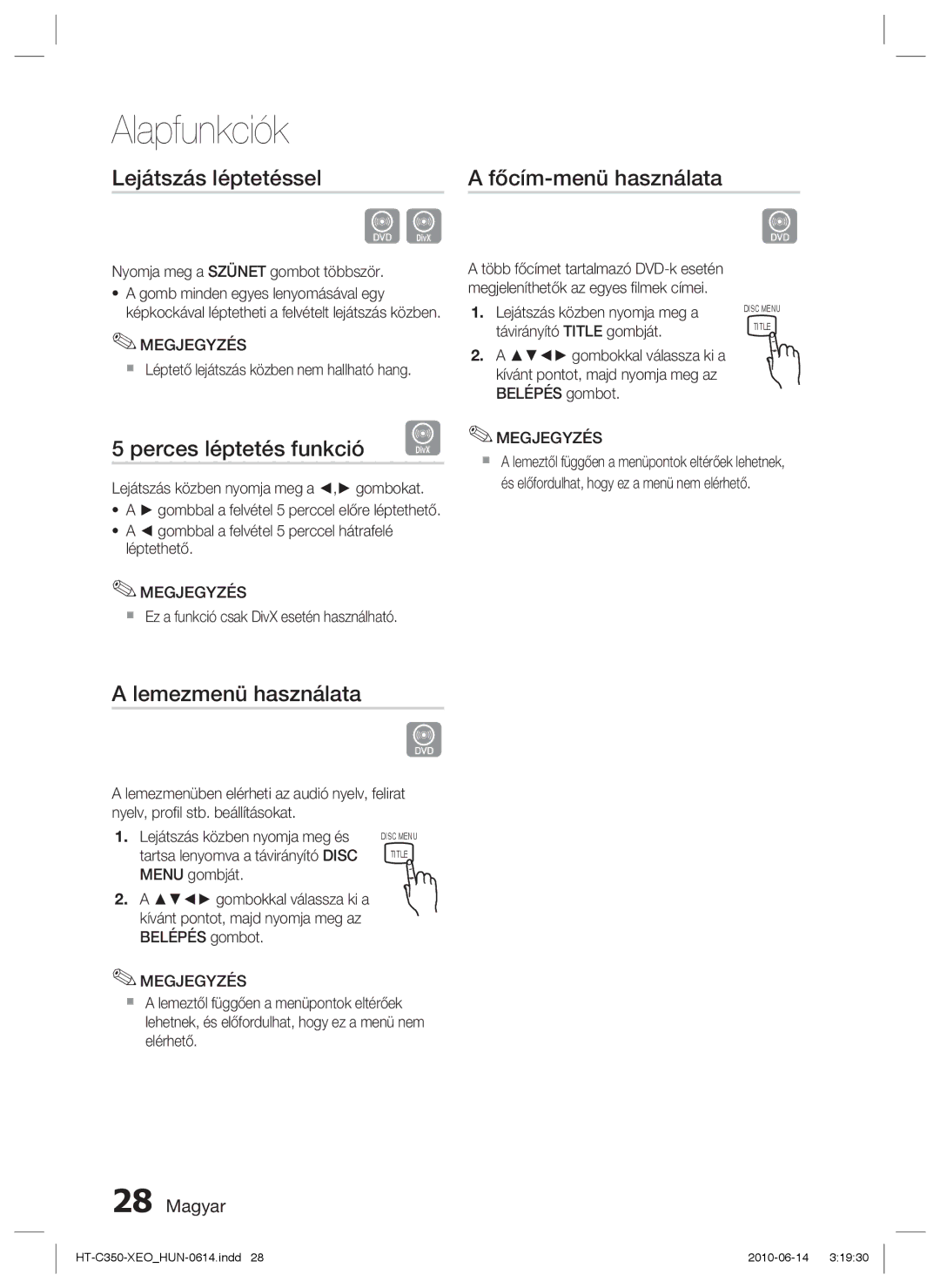 Samsung HT-C350/XEF manual Lejátszás léptetéssel, Perces léptetés funkció, Lemezmenü használata, Főcím-menü használata 