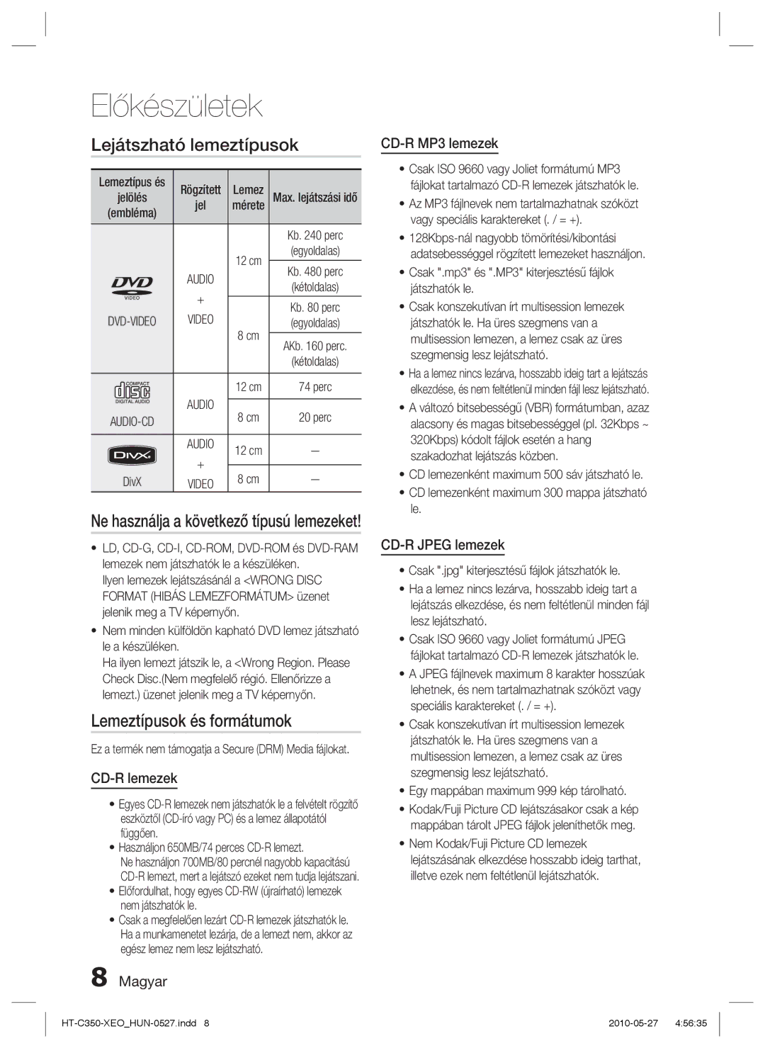 Samsung HT-C350/XEE, HT-C350/EDC, HT-C350/XEF manual Lejátszható lemeztípusok, Lemeztípusok és formátumok 