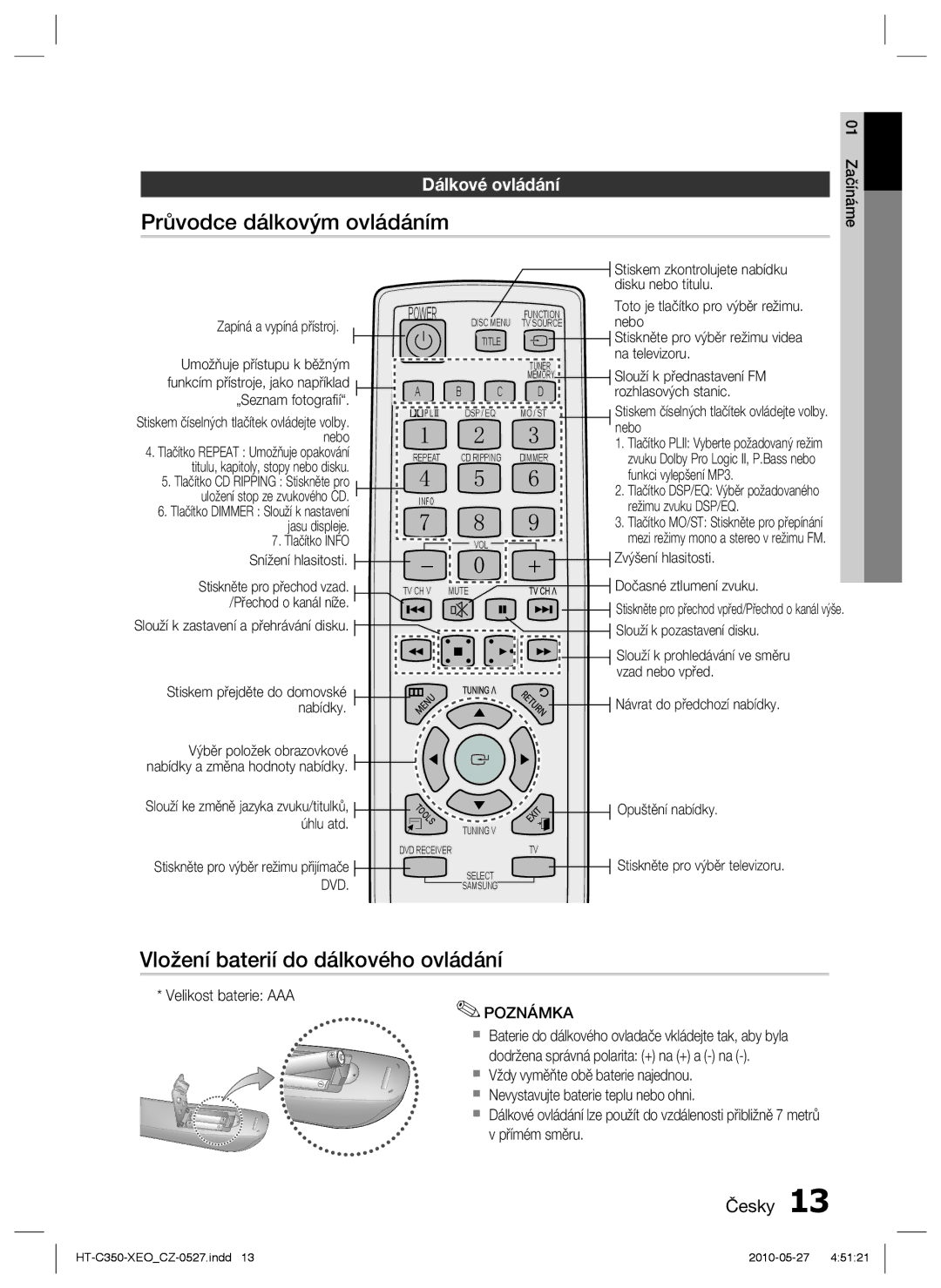 Samsung HT-C350/XEF, HT-C350/EDC manual Průvodce dálkovým ovládáním, Vložení baterií do dálkového ovládání, Dálkové ovládání 