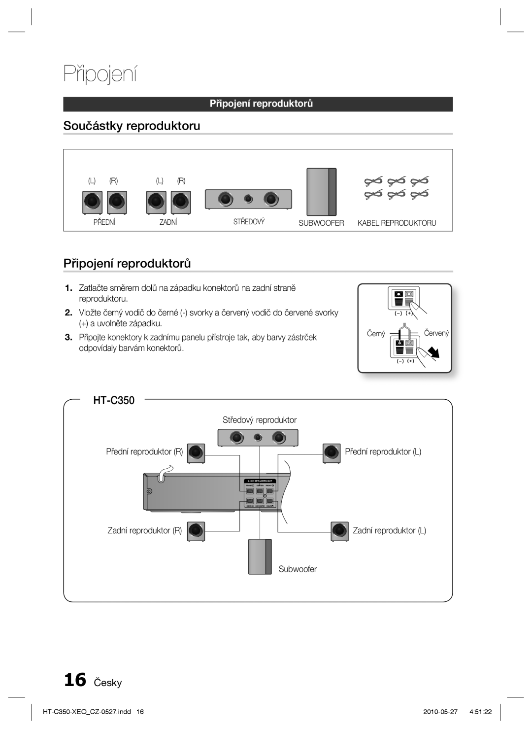 Samsung HT-C350/EDC, HT-C350/XEF manual Součástky reproduktoru, Připojení reproduktorů, 16 Česky 