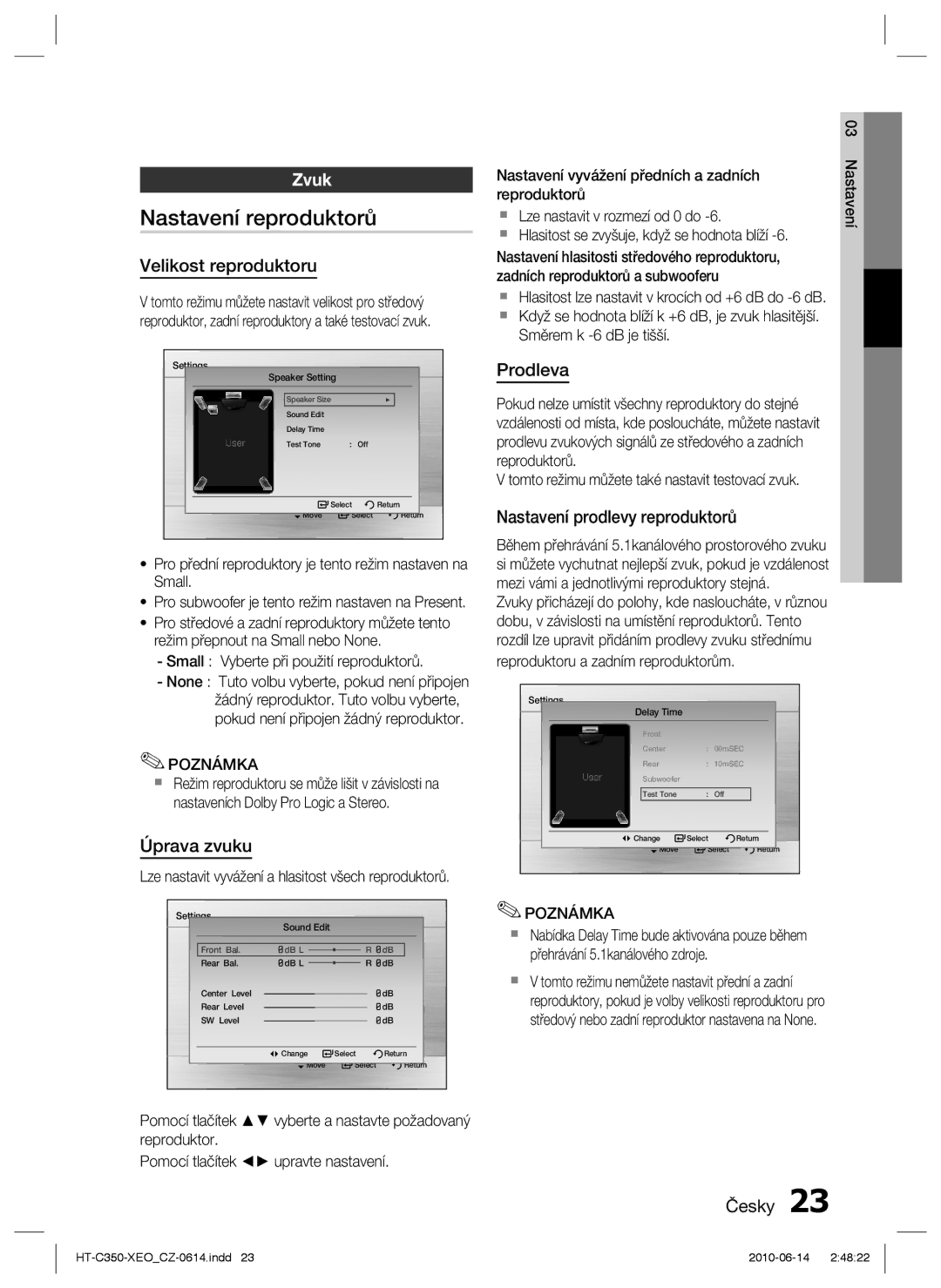 Samsung HT-C350/XEF manual Nastavení reproduktorů, Zvuk, Velikost reproduktoru, Prodleva, Nastavení prodlevy reproduktorů 