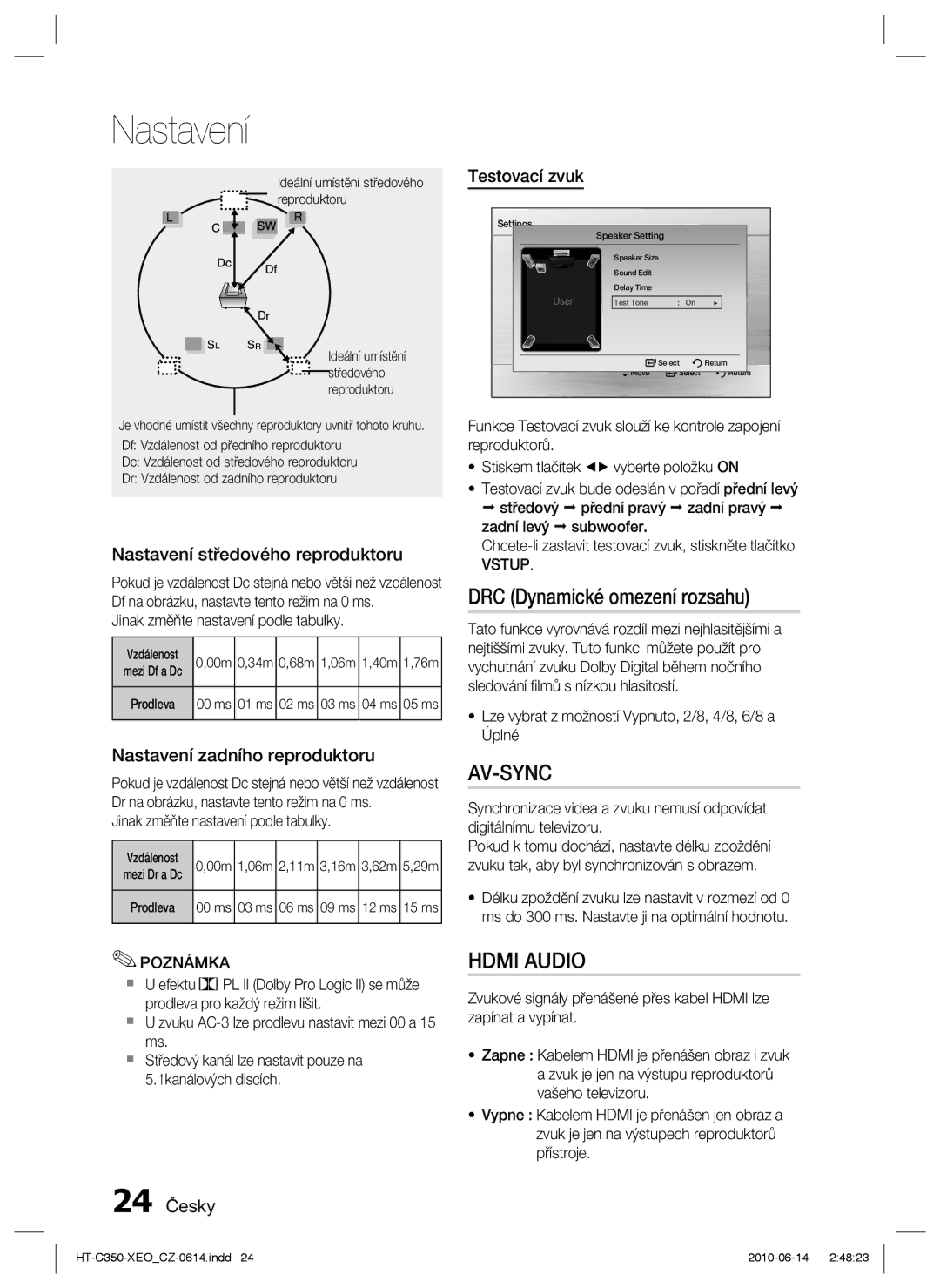 Samsung HT-C350/EDC manual DRC Dynamické omezení rozsahu, Nastavení středového reproduktoru, Nastavení zadního reproduktoru 