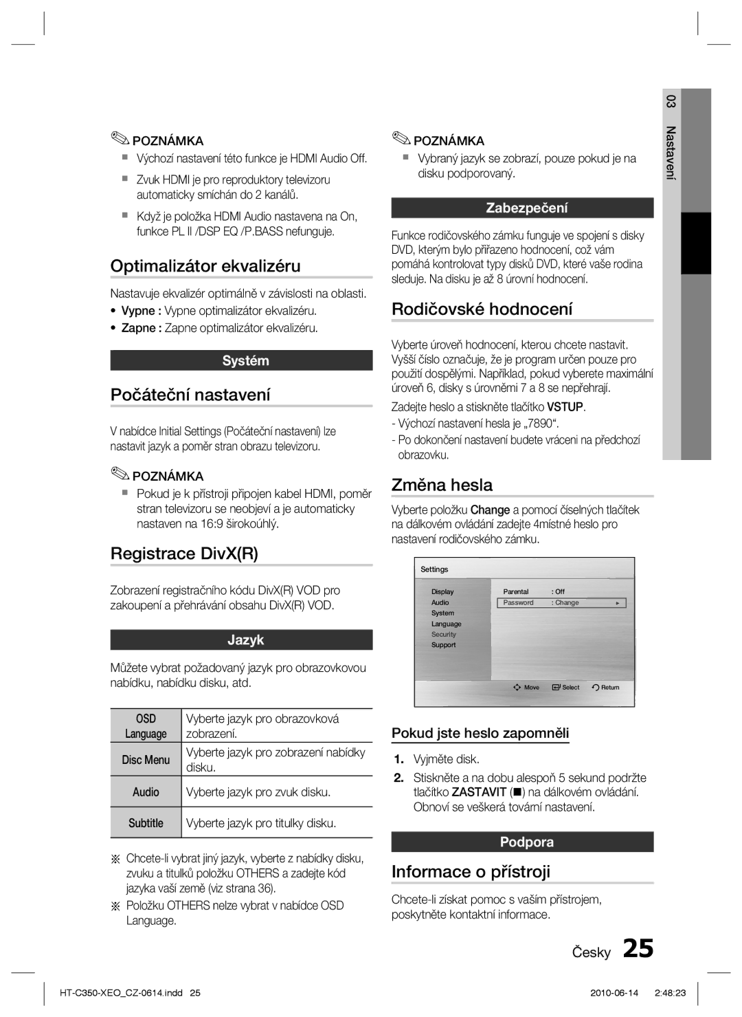 Samsung HT-C350/XEF Optimalizátor ekvalizéru, Počáteční nastavení, Registrace DivXR, Rodičovské hodnocení, Změna hesla 