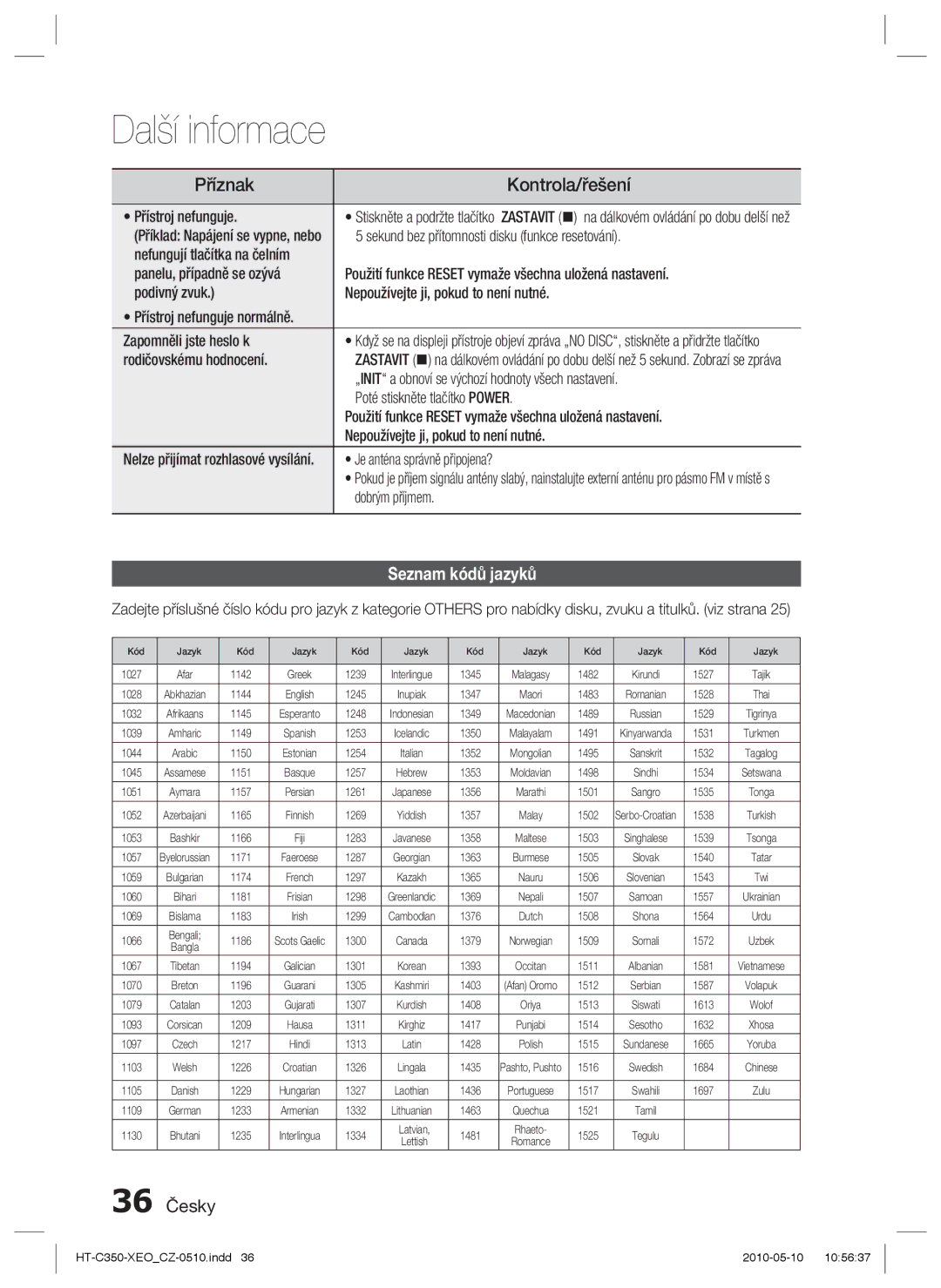 Samsung HT-C350/EDC, HT-C350/XEF manual Seznam kódů jazyků, 36 Česky 