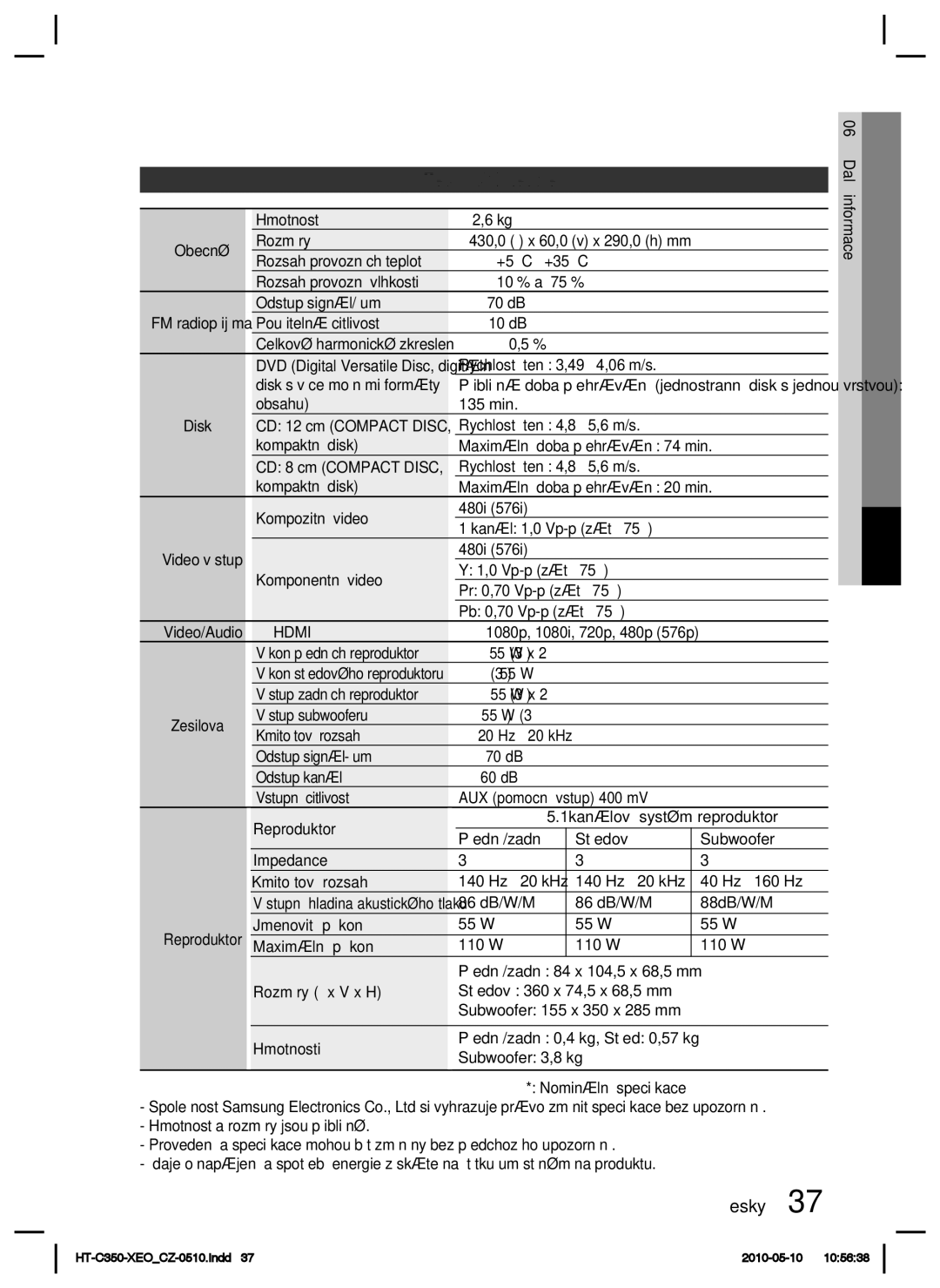 Samsung HT-C350/XEF, HT-C350/EDC manual Technické údaje, Hdmi 