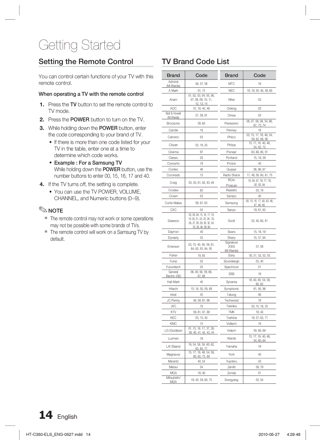 Samsung HT-C350/LAG manual Setting the Remote Control TV Brand Code List, If the TV turns off, the setting is complete 