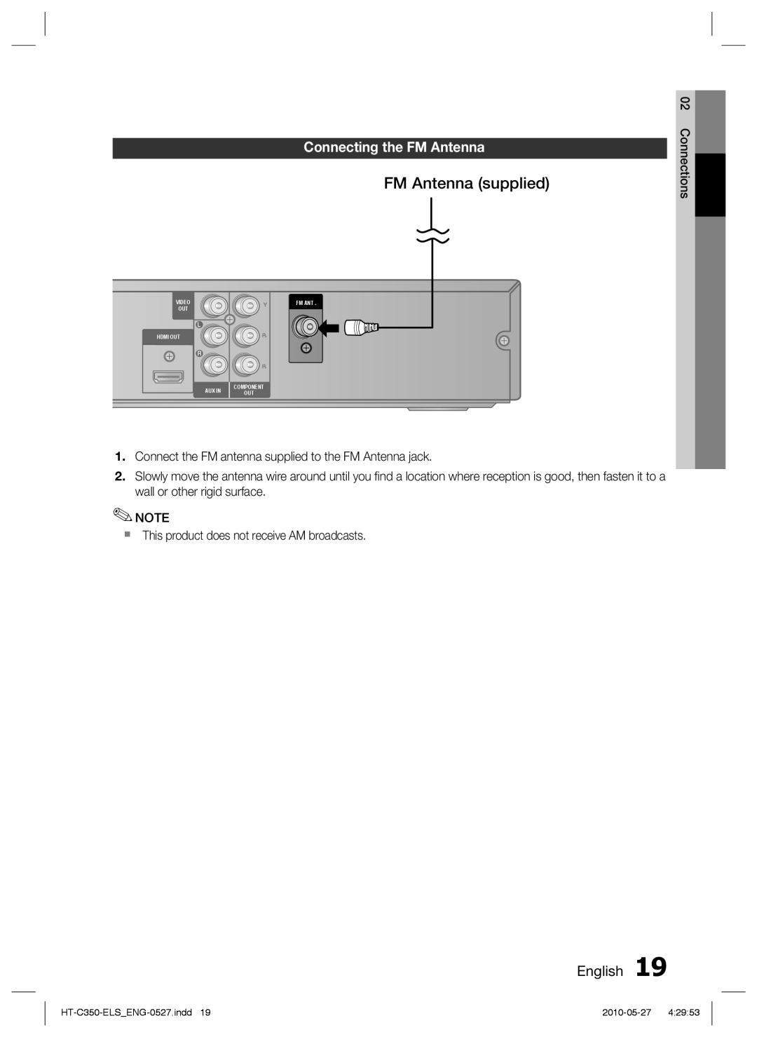 Samsung HT-C350/SAM, HT-C350/EDC, HT-C350/XEN, HT-C350/XEF, HT-C350/MEA manual FM Antenna supplied, Connecting the FM Antenna 