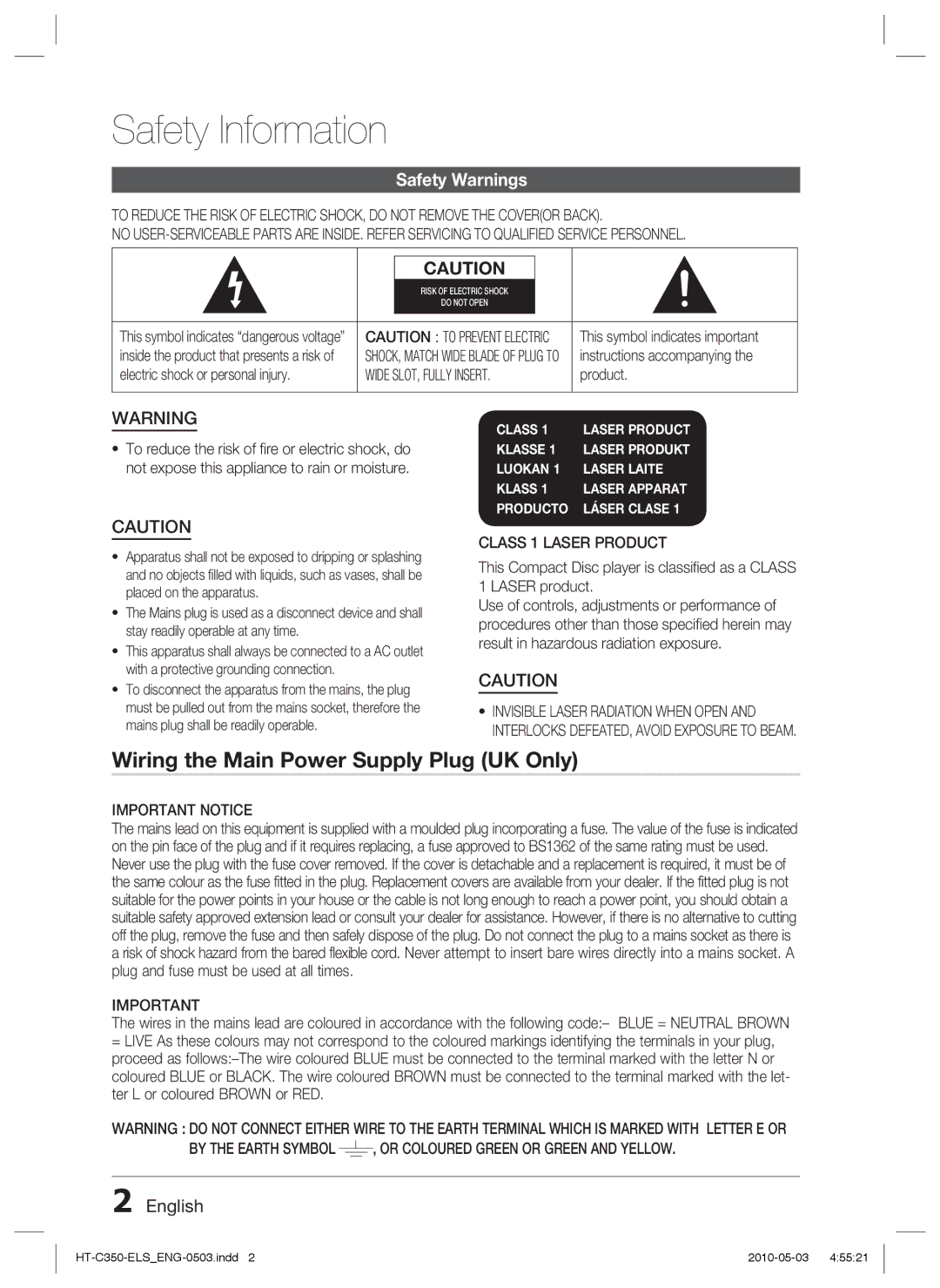 Samsung HT-C350/XEF, HT-C350/EDC, HT-C350/XEN, HT-C350/MEA, HT-C350/LAG manual Safety Information, Safety Warnings, English 