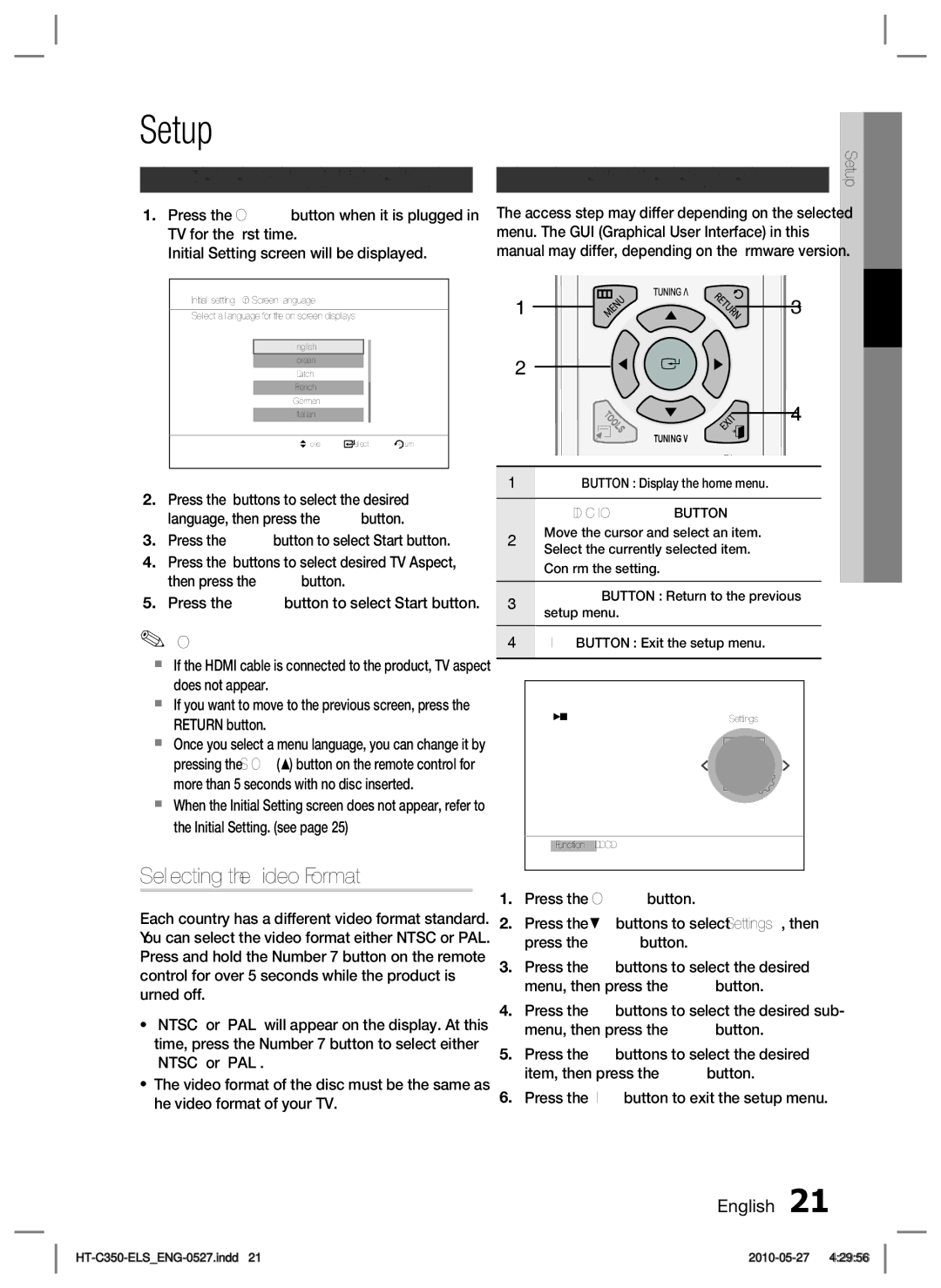 Samsung HT-C350/XEN, HT-C350/EDC Selecting the Video Format, Before Starting Initial Setting, Setting the Setup menu 