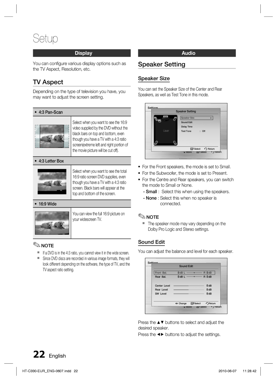 Samsung HT-C350/XEF, HT-C350/EDC, HT-C350/XEN, HT-C350/MEA, HT-C350/LAG, HT-C350/KE TV Aspect, Speaker Setting, Display, Audio 