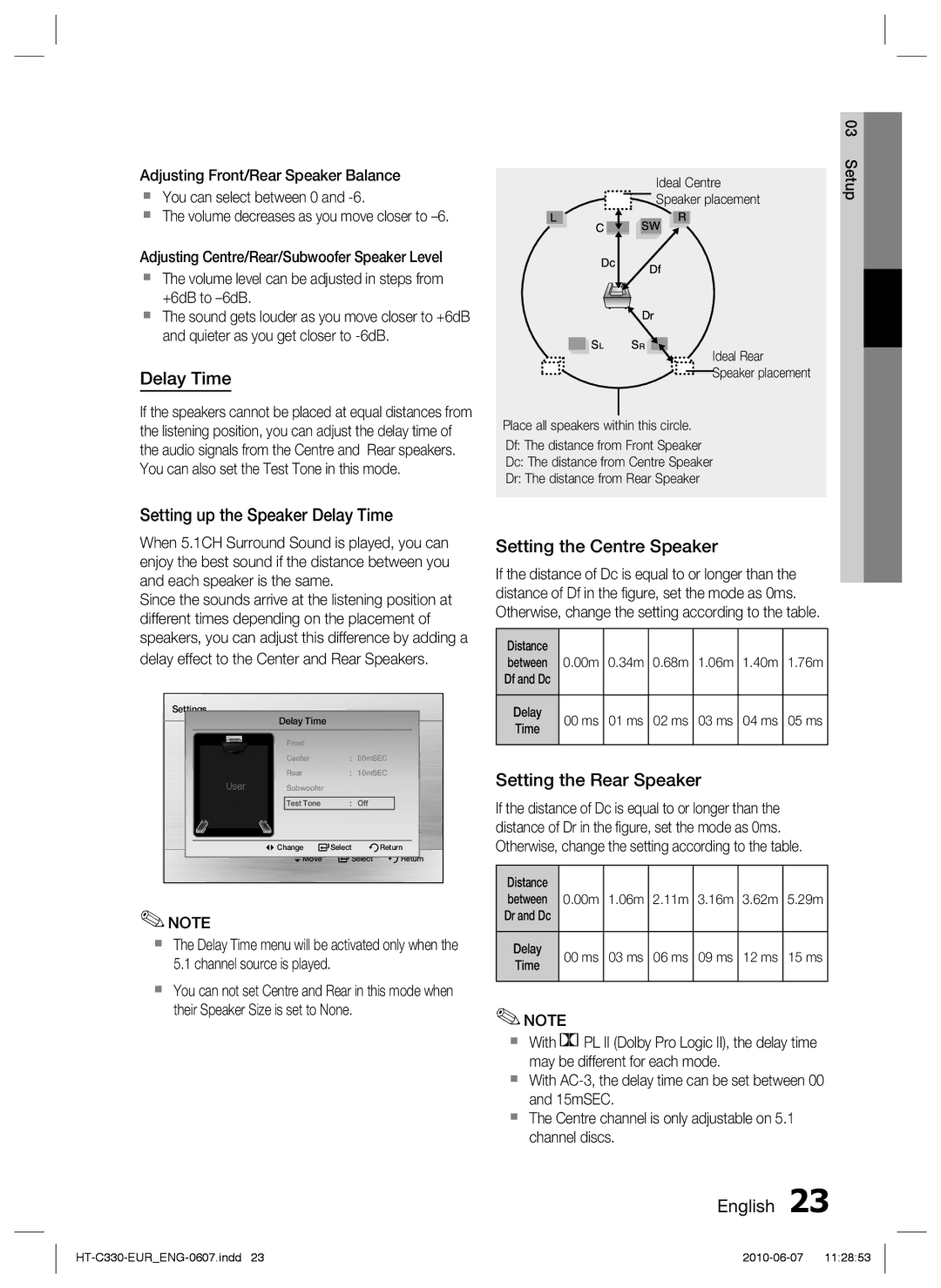 Samsung HT-C350/MEA manual Setting up the Speaker Delay Time, Setting the Centre Speaker, Setting the Rear Speaker 