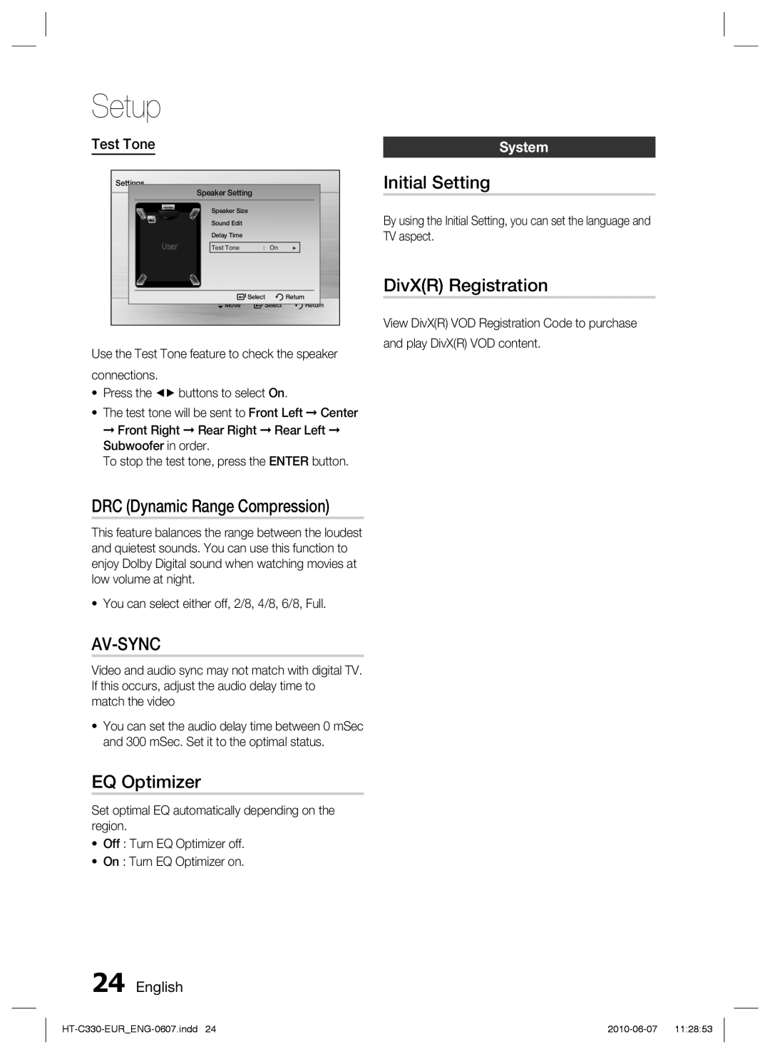 Samsung HT-C350/LAG, HT-C350/EDC, HT-C350/XEN manual EQ Optimizer, Initial Setting, DivXR Registration, System, Test Tone 