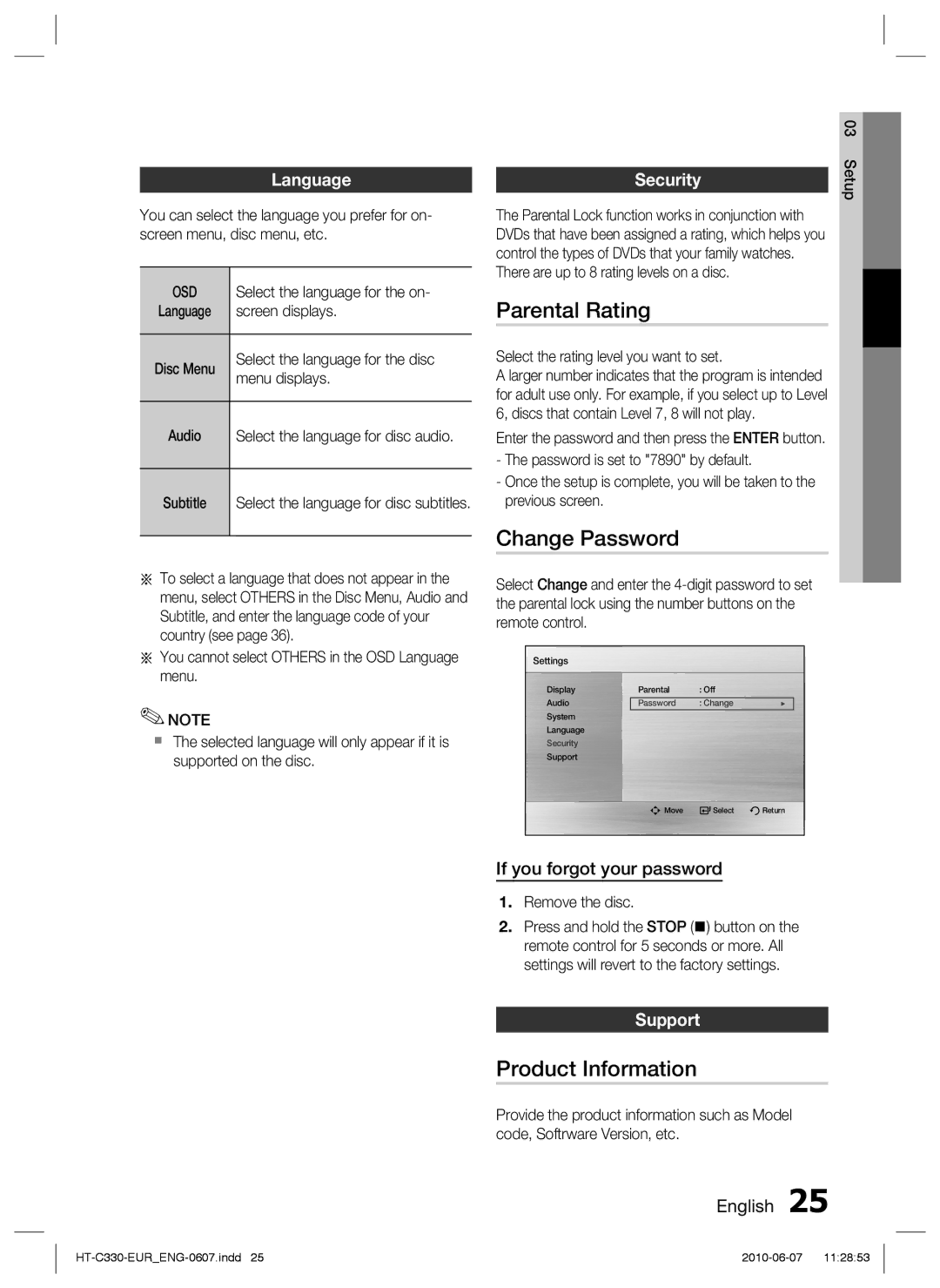 Samsung HT-C350/UMG, HT-C350/EDC, HT-C350/XEN, HT-C350/XEF, HT-C350/MEA Parental Rating, Change Password, Product Information 