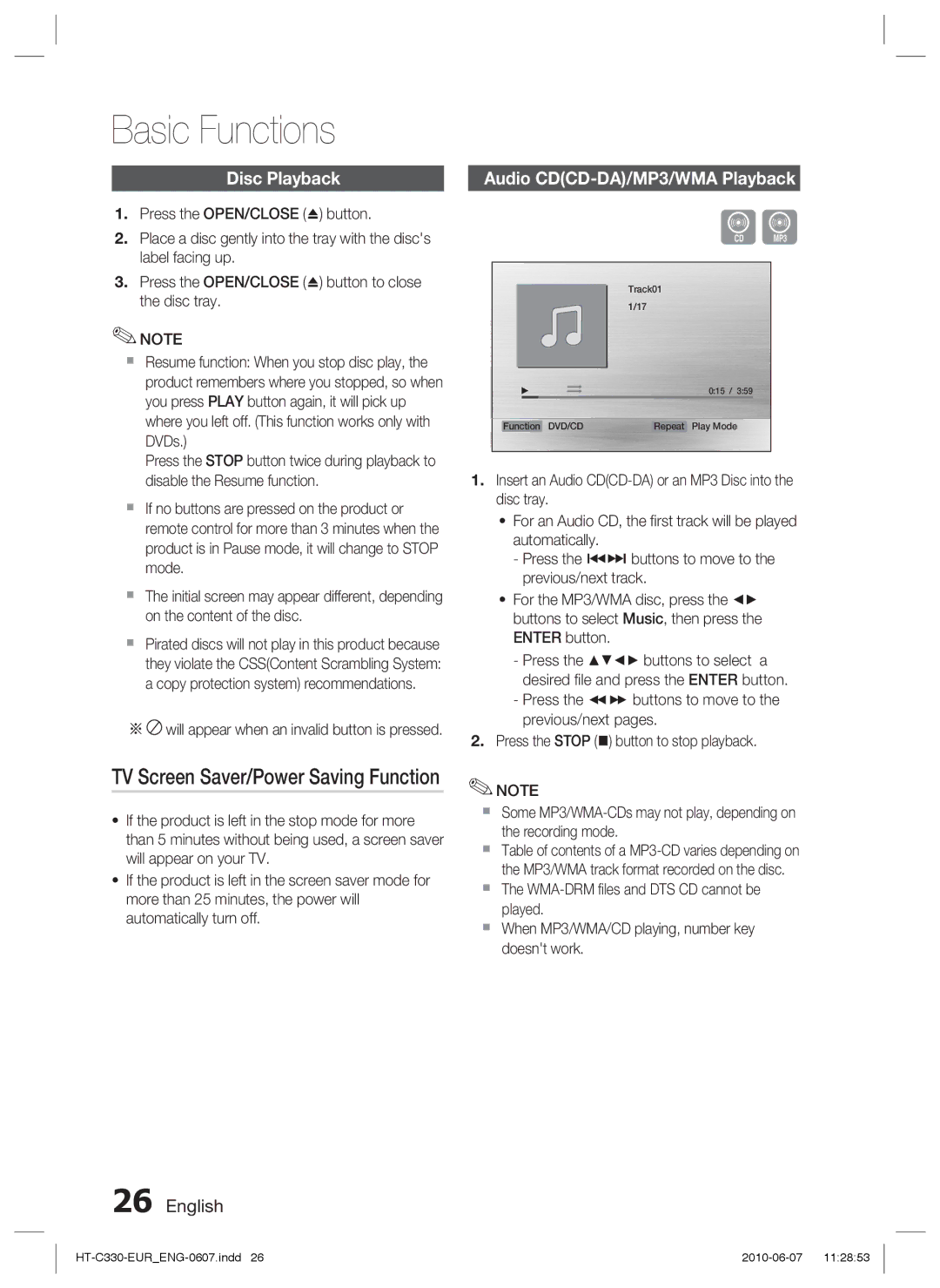 Samsung HT-C350/AFR Basic Functions, TV Screen Saver/Power Saving Function, Disc Playback, Audio CDCD-DA/MP3/WMA Playback 