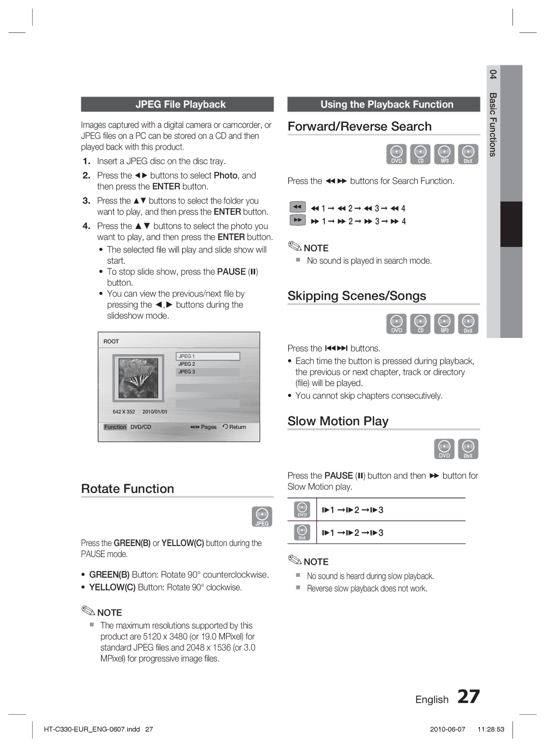 Samsung HT-C350/KE, HT-C350/EDC manual Rotate Function, Forward/Reverse Search, Skipping Scenes/Songs, Slow Motion Play 