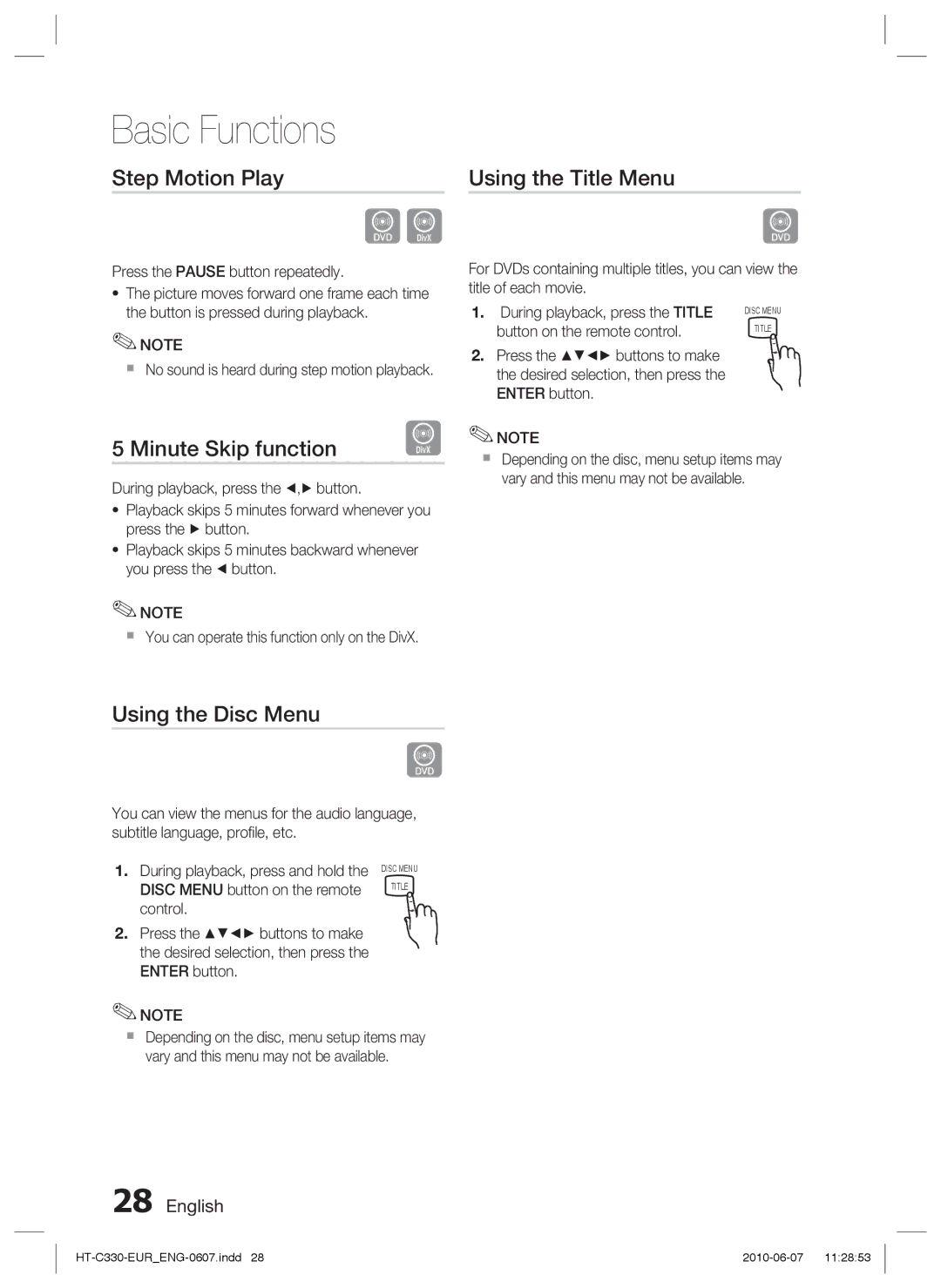 Samsung HT-C350/XEE, HT-C350/EDC manual Step Motion Play, Minute Skip function, Using the Title Menu, Using the Disc Menu 