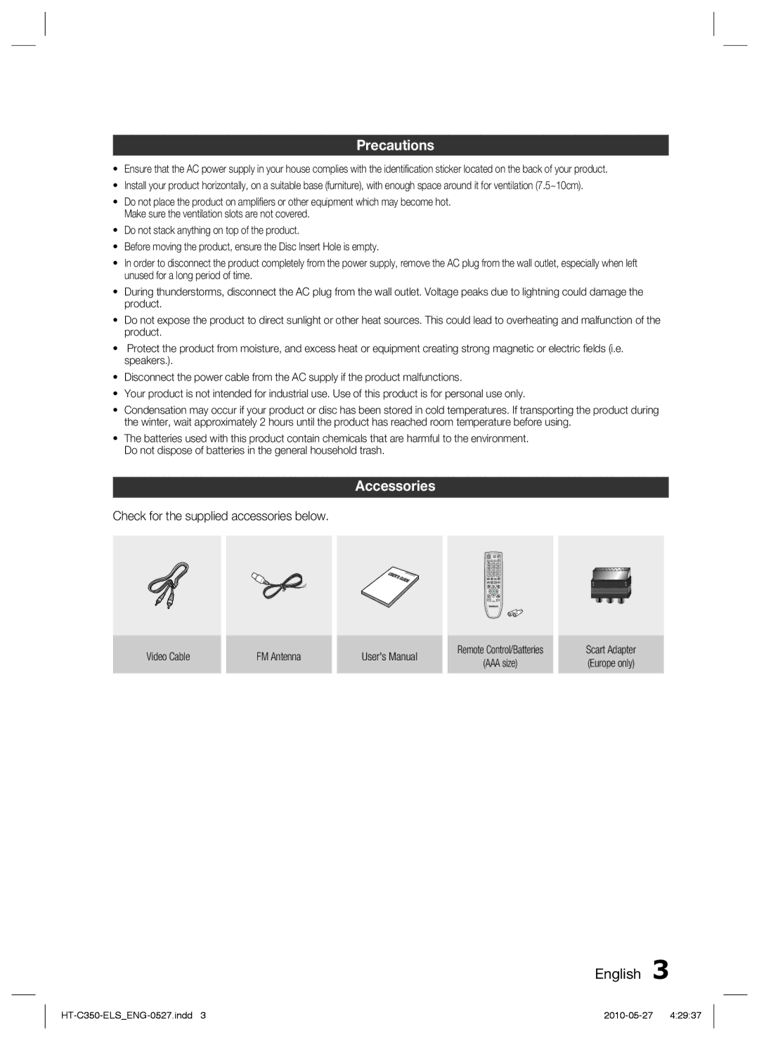 Samsung HT-C350/MEA, HT-C350/EDC, HT-C350/XEN, HT-C350/KE Precautions, Accessories, Check for the supplied accessories below 