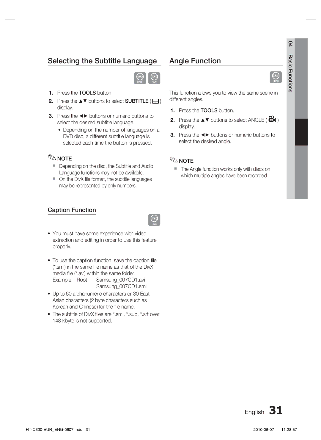 Samsung HT-C350/XEN, HT-C350/EDC, HT-C350/XEF, HT-C350/MEA Selecting the Subtitle Language, Angle Function, Caption Function 