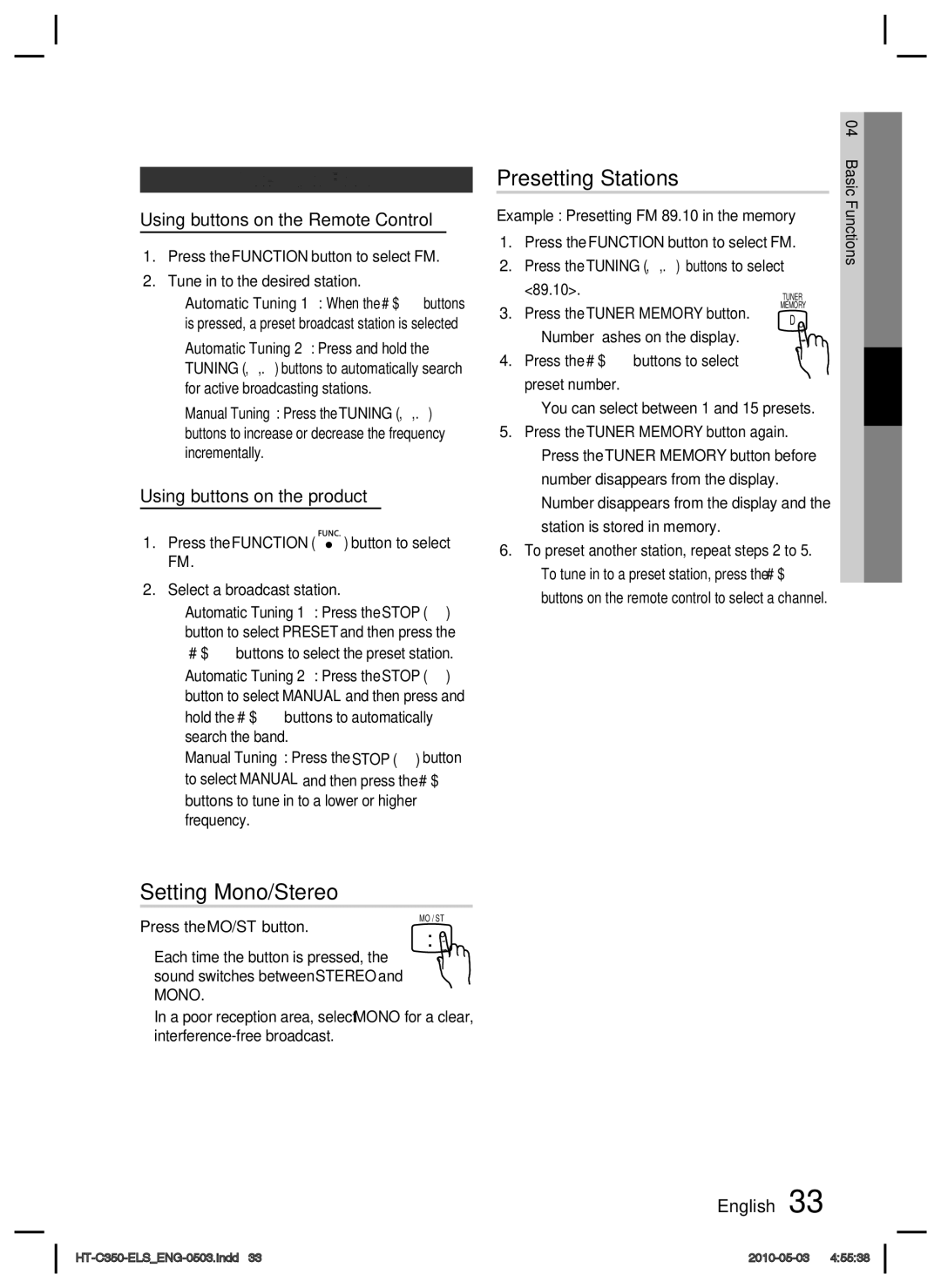 Samsung HT-C350/MEA Presetting Stations, Setting Mono/Stereo, Listening to Radio, Using buttons on the Remote Control 