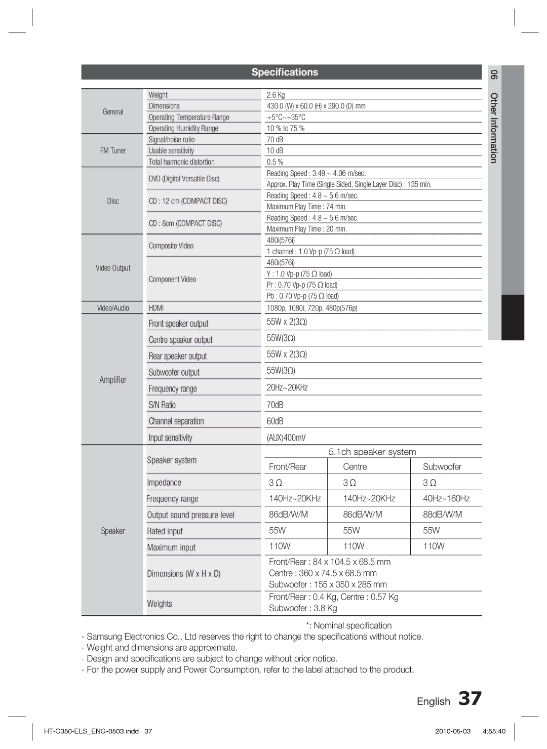 Samsung HT-C350/KE, HT-C350/EDC, HT-C350/XEN, HT-C350/XEF, HT-C350/MEA, HT-C350/LAG, HT-C350/UMG, HT-C350/AFR manual Speciﬁcations 