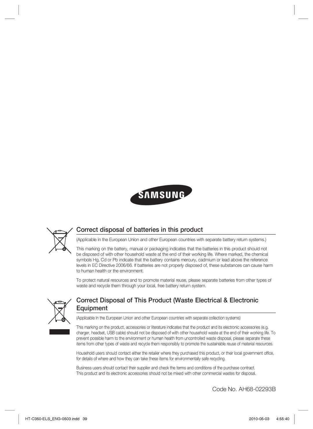 Samsung HT-C350/SAM, HT-C350/EDC, HT-C350/XEN manual Correct disposal of batteries in this product, Code No. AH68-02293B 