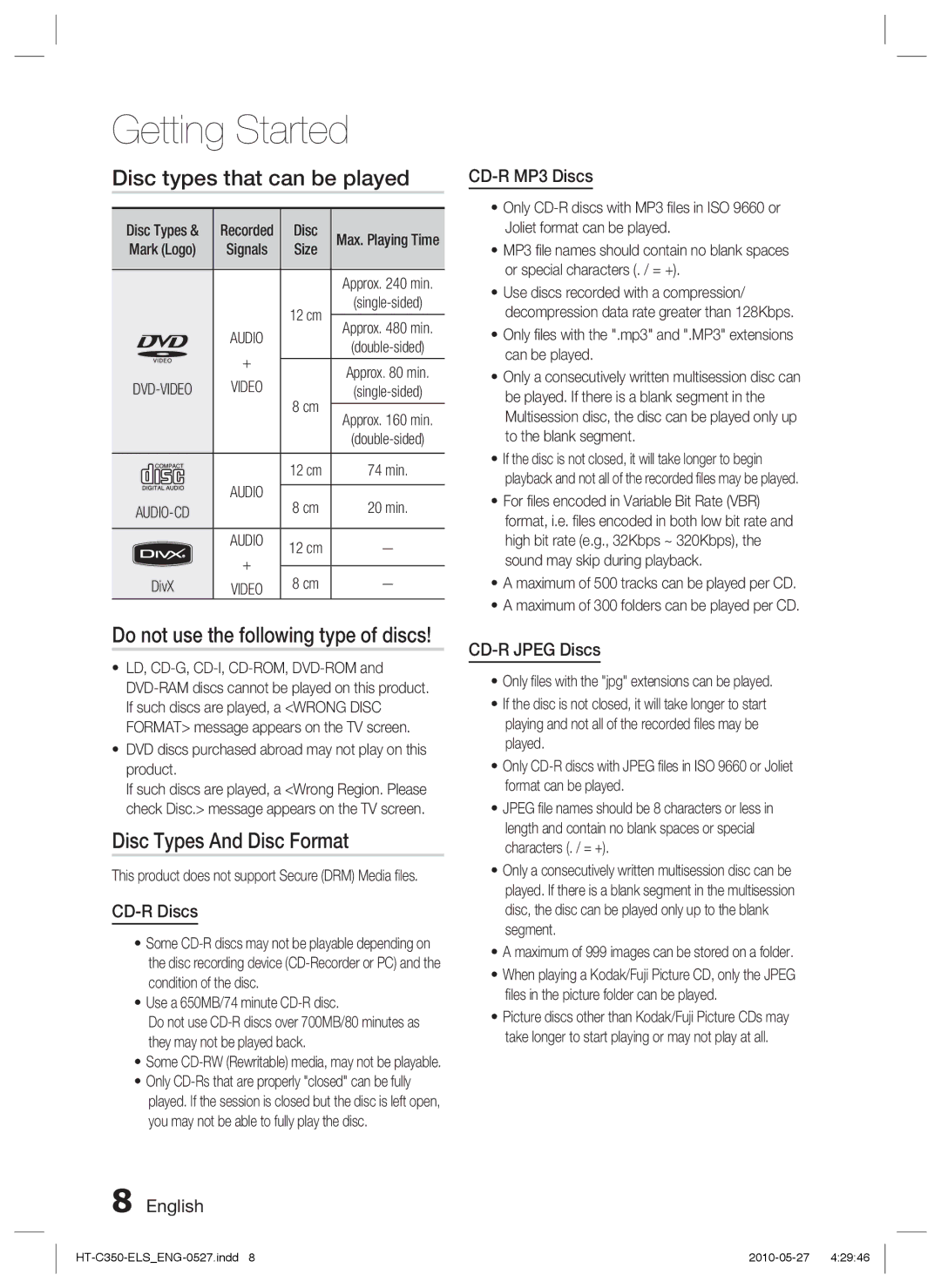 Samsung HT-C350/XEE Disc types that can be played, Disc Types And Disc Format, CD-R Discs, CD-R MP3 Discs, CD-R Jpeg Discs 