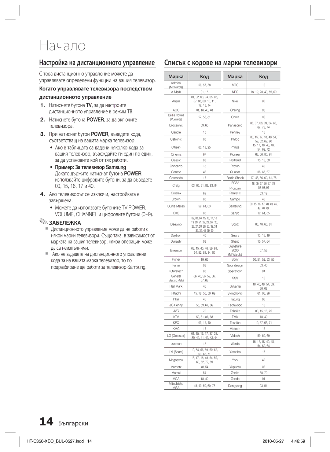 Samsung HT-C350/EDC manual Списък с кодове на марки телевизори, 14 Български, Настройка на дистанционното управление 