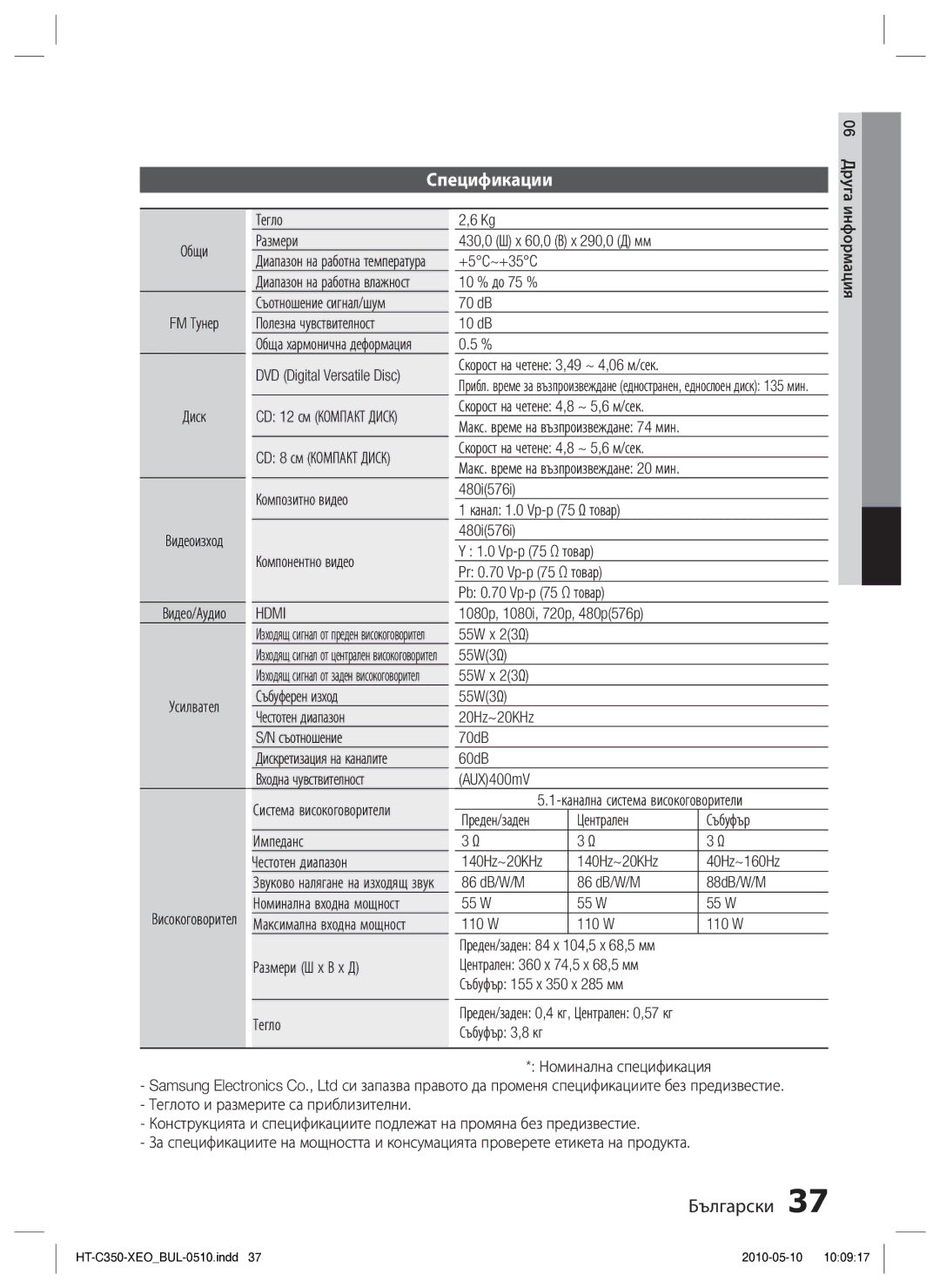 Samsung HT-C350/EDC manual Спецификации, Hdmi 