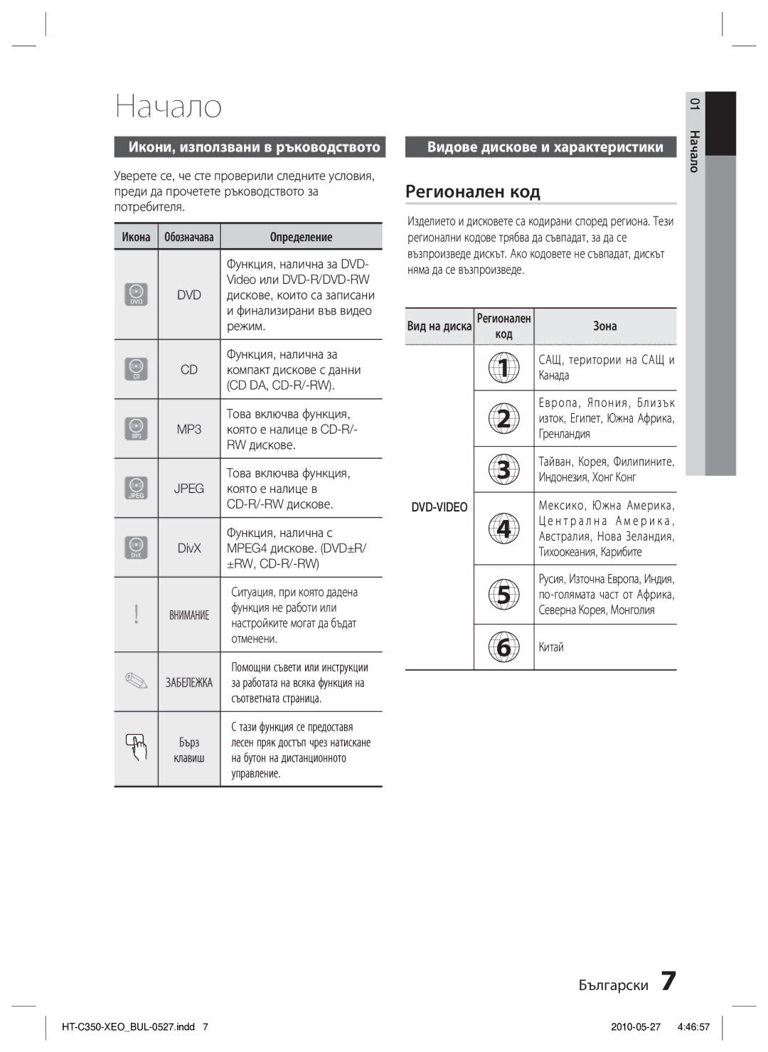 Samsung HT-C350/EDC manual Начало, Регионален код, Икони, използвани в ръководството, Видове дискове и характеристики 