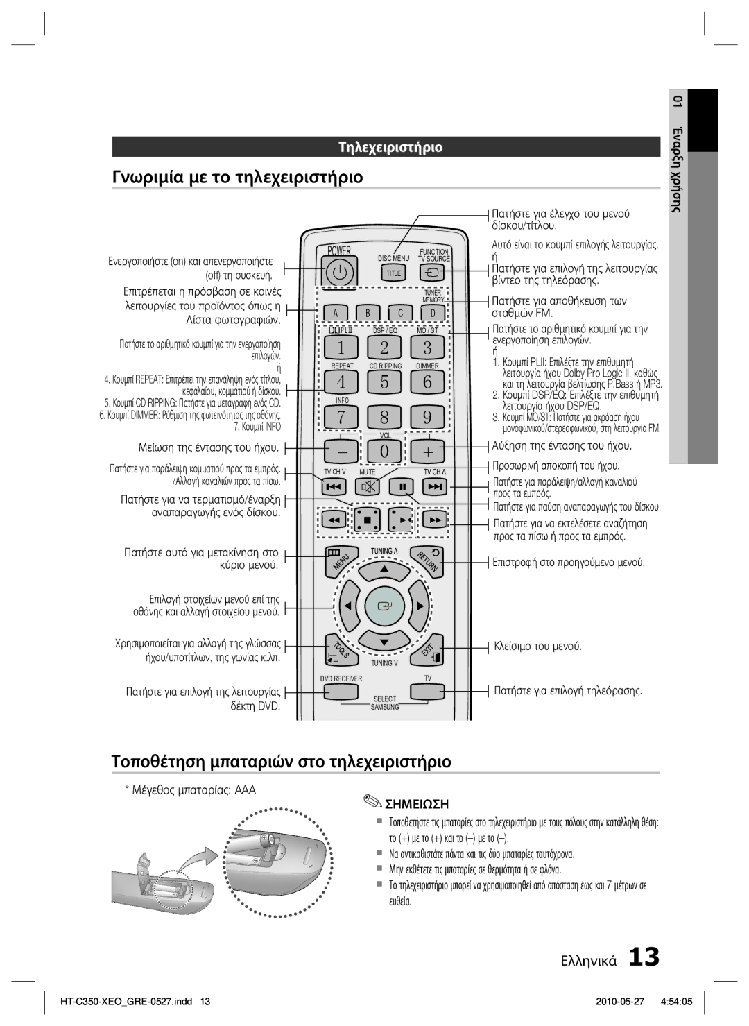 Samsung HT-C350/EDC manual Γνωριμία με το τηλεχειριστήριο, Τοποθέτηση μπαταριών στο τηλεχειριστήριο, Τηλεχειριστήριο 