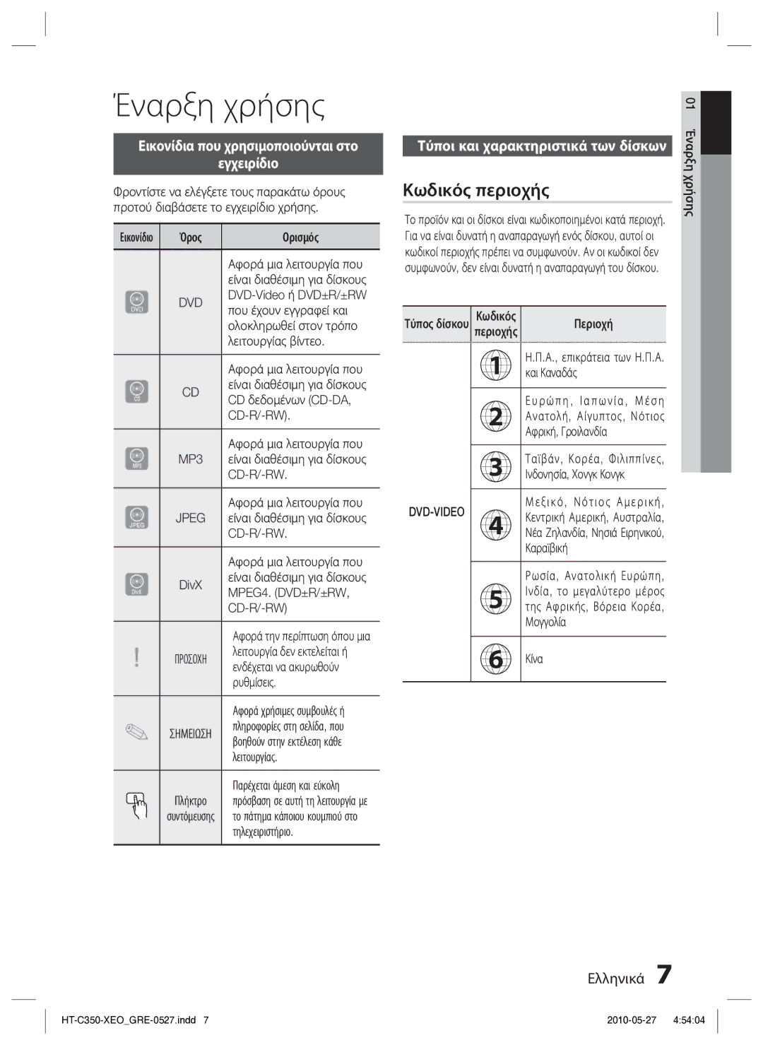 Samsung HT-C350/EDC manual Έναρξη χρήσης, Κωδικός περιοχής, Εικονίδια που χρησιμοποιούνται στο Εγχειρίδιο 