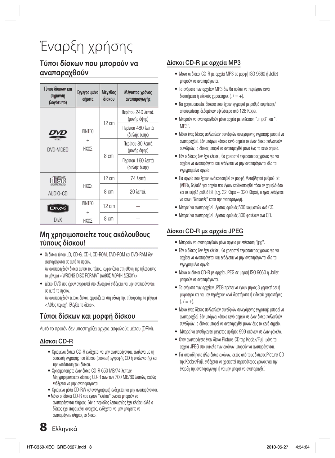 Samsung HT-C350/EDC manual Τύποι δίσκων που μπορούν να αναπαραχθούν, Μη χρησιμοποιείτε τους ακόλουθους τύπους δίσκου 