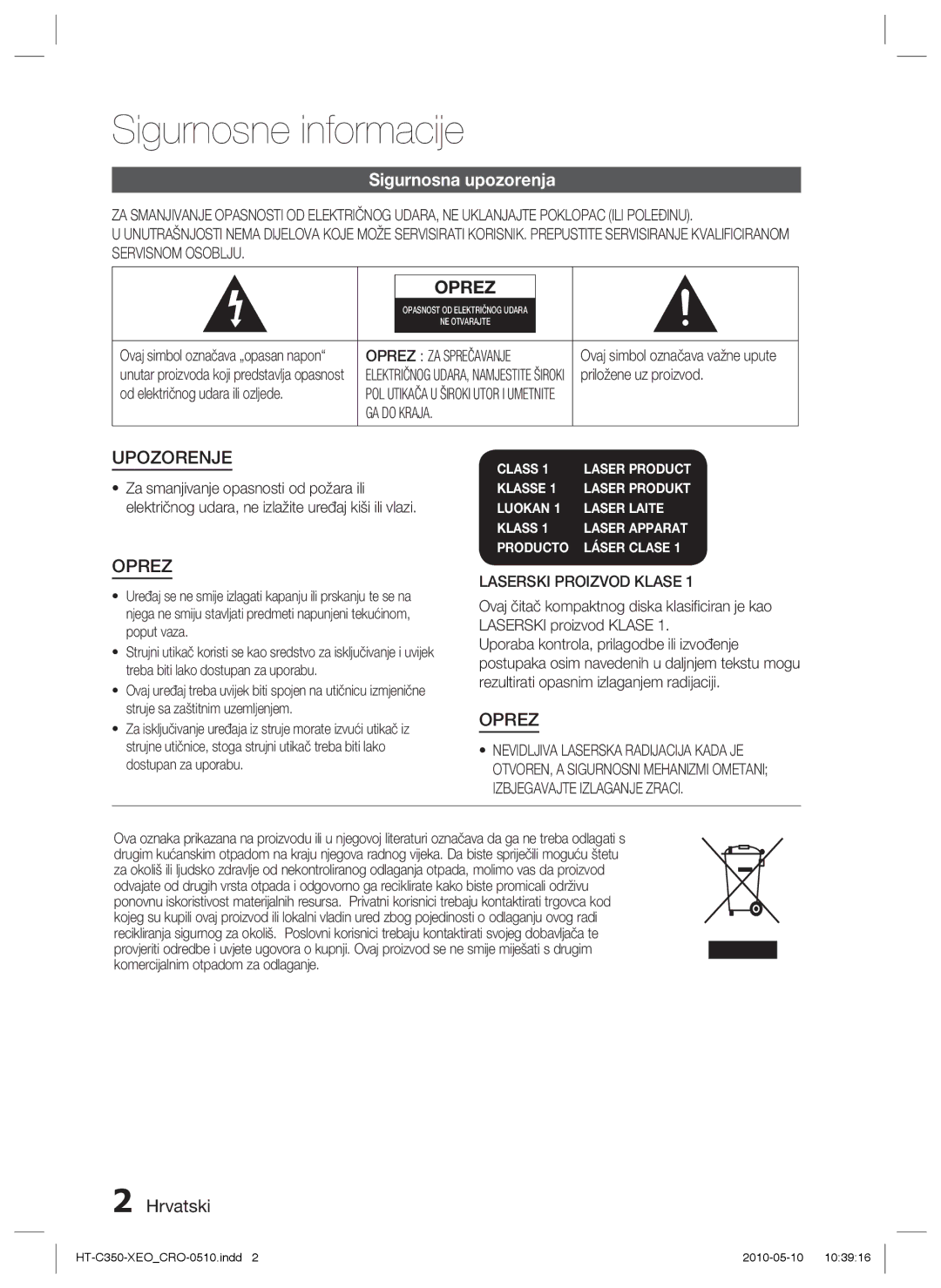 Samsung HT-C350/EDC manual Sigurnosne informacije, Sigurnosna upozorenja, Hrvatski, Laserski Proizvod Klase 