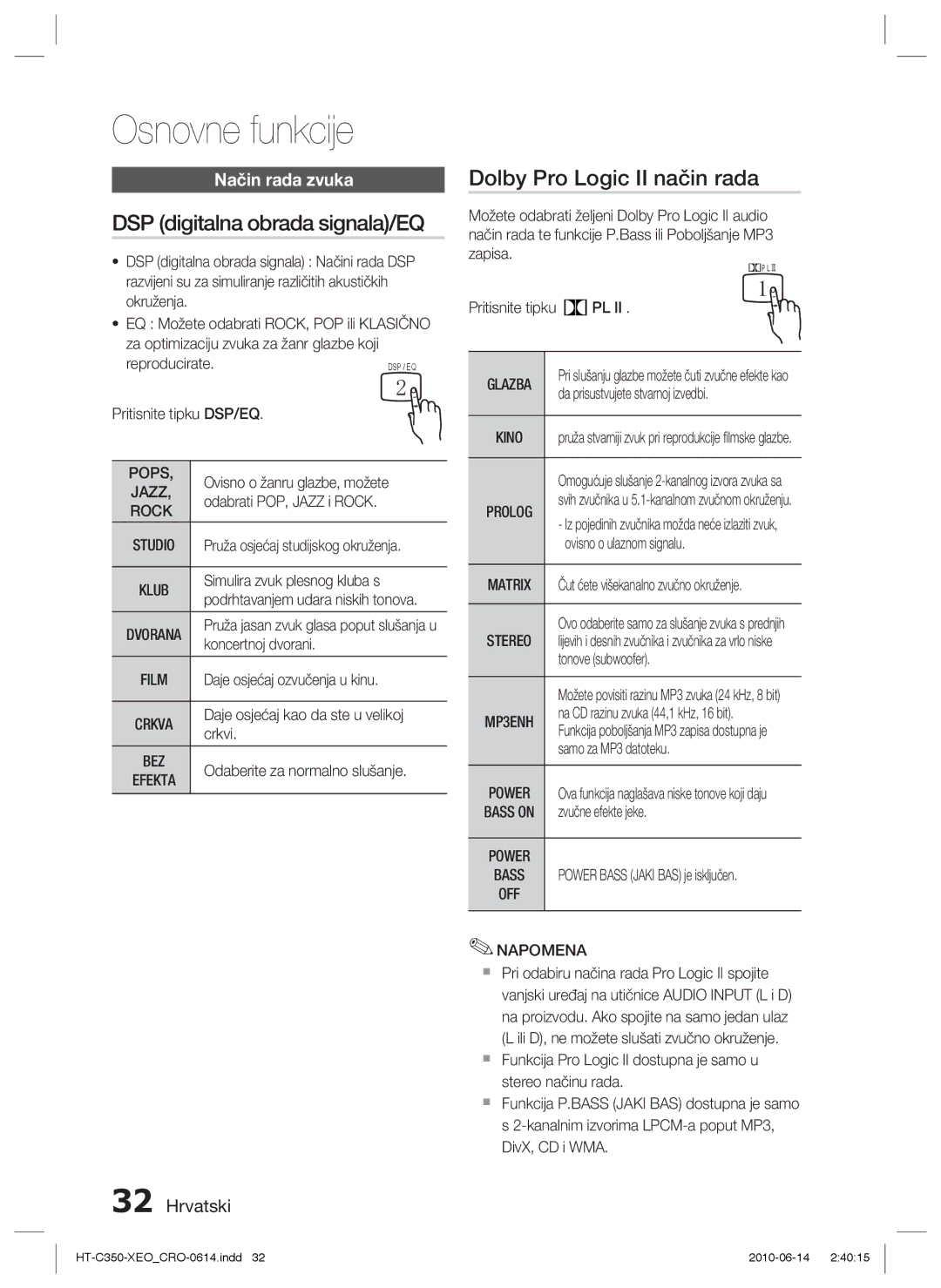 Samsung HT-C350/EDC manual DSP digitalna obrada signala/EQ, Dolby Pro Logic II način rada, Način rada zvuka, Pops, Prolog 