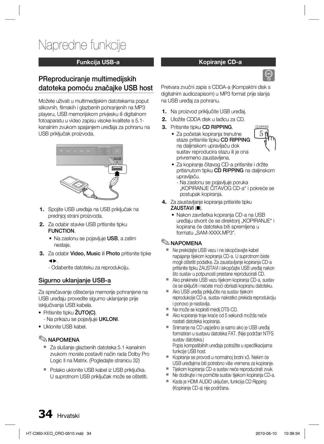 Samsung HT-C350/EDC manual Napredne funkcije, Funkcija USB-a, Sigurno uklanjanje USB-a, Kopiranje CD-a 