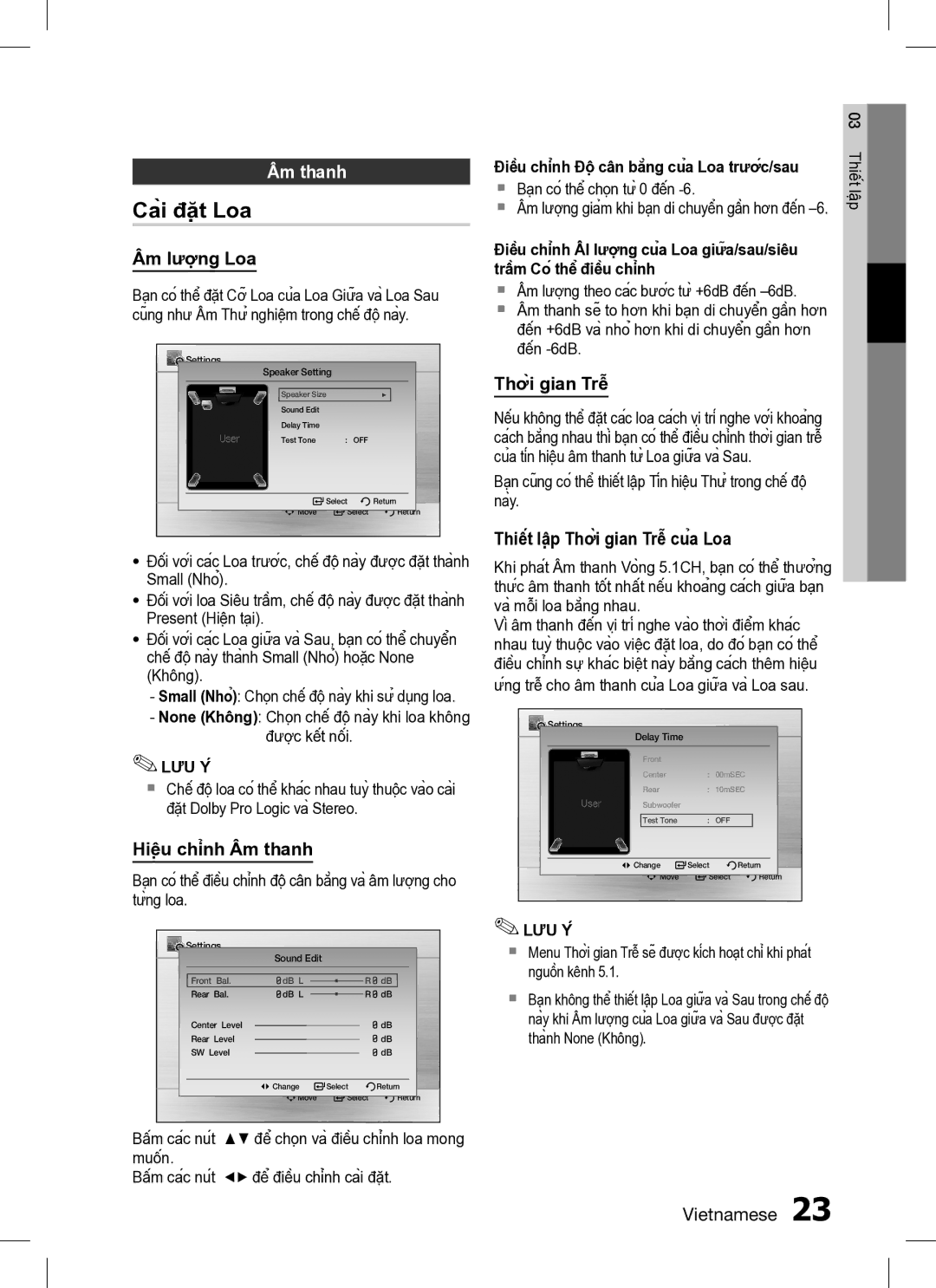 Samsung HT-C350/XSS, HT-C350/XAX manual Cài đặt Loa, Âm thanh 