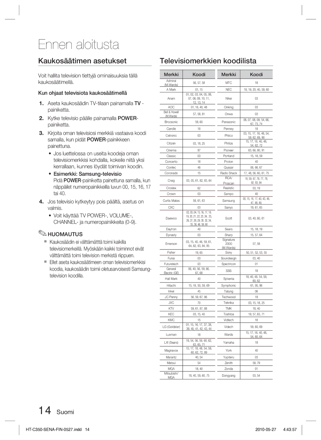 Samsung HT-C350/XEE manual Kaukosäätimen asetukset Televisiomerkkien koodilista, Merkki Koodi 