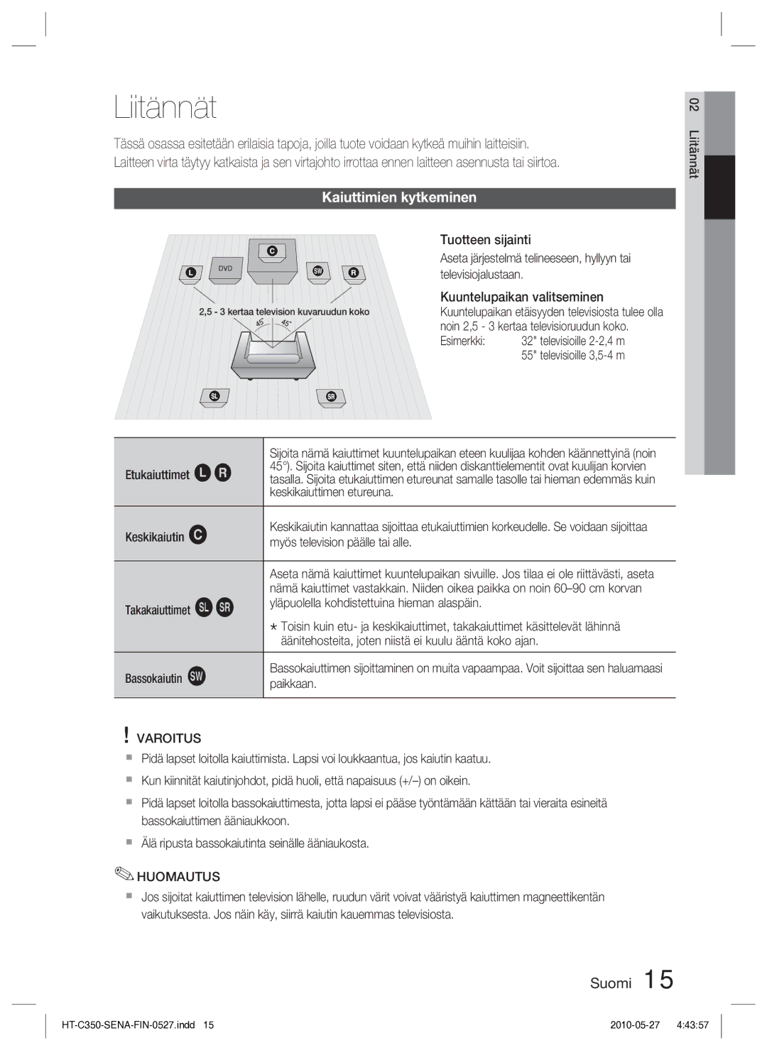 Samsung HT-C350/XEE manual Liitännät, Kaiuttimien kytkeminen, Varoitus 